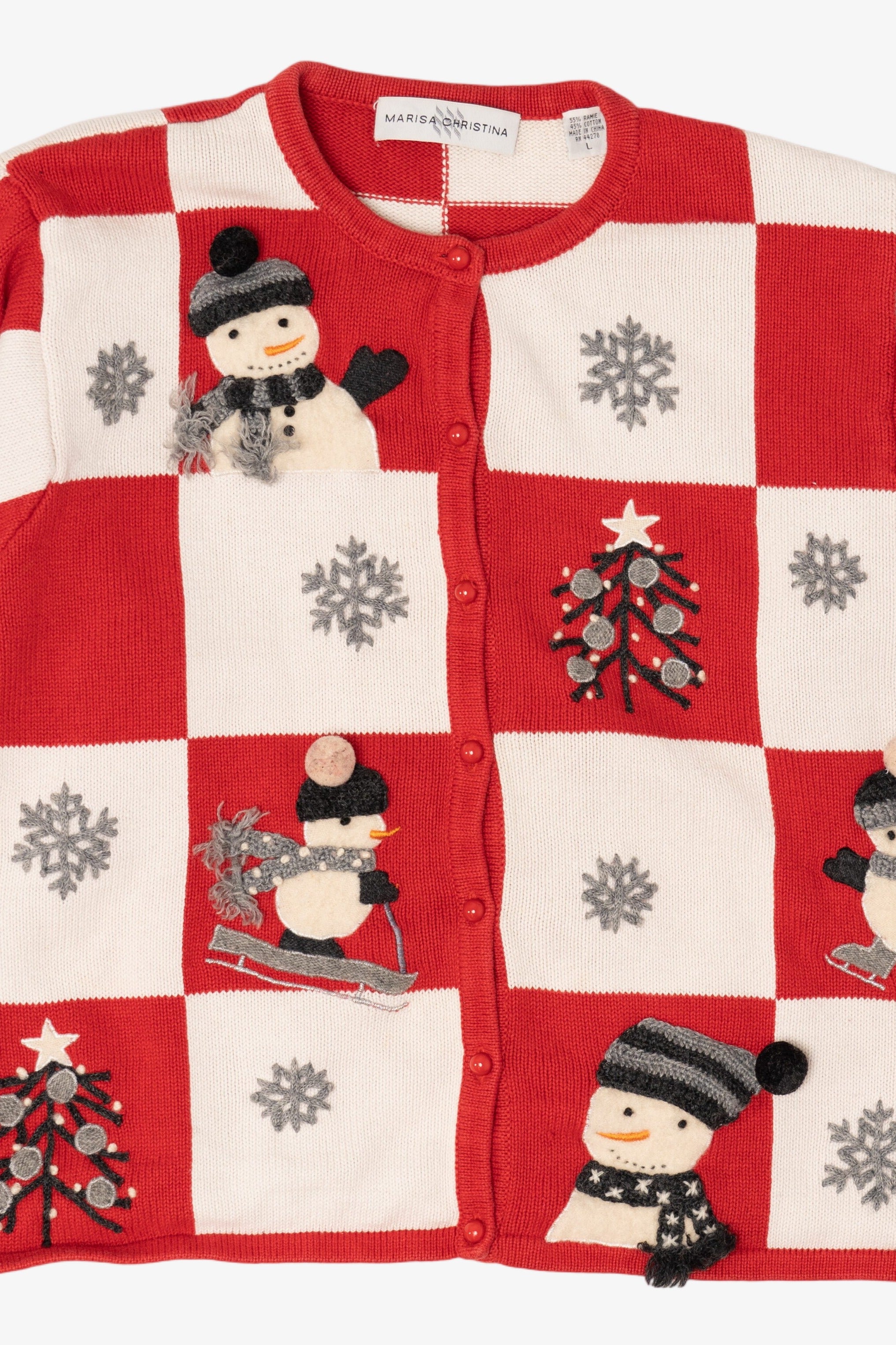 Vintage Red Checkered Marisa Christina Snowmen Ugly Christmas Cardigan (1990s)