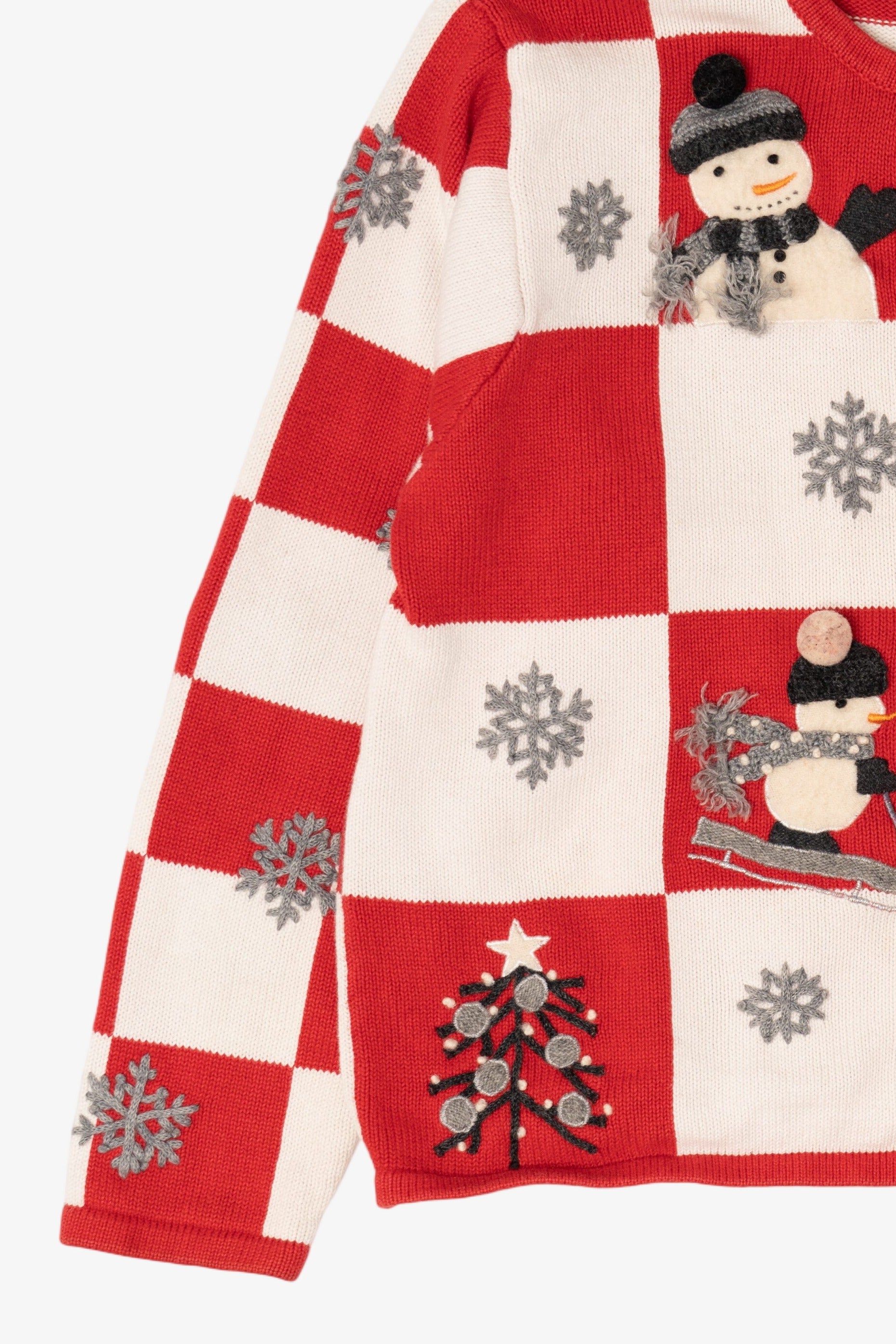 Vintage Red Checkered Marisa Christina Snowmen Ugly Christmas Cardigan (1990s)
