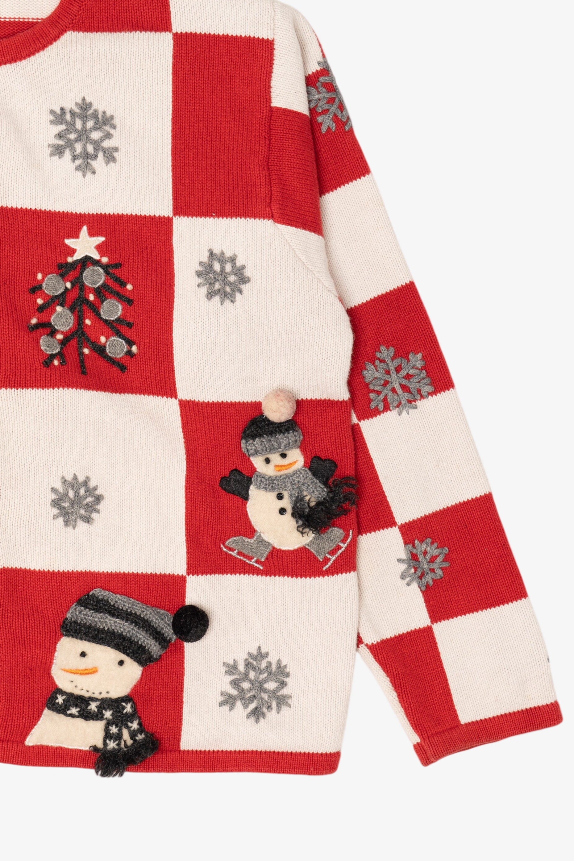 Vintage Red Checkered Marisa Christina Snowmen Ugly Christmas Cardigan (1990s)