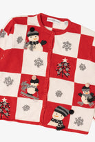 Vintage Red Checkered Marisa Christina Snowmen Ugly Christmas Cardigan (1990s)