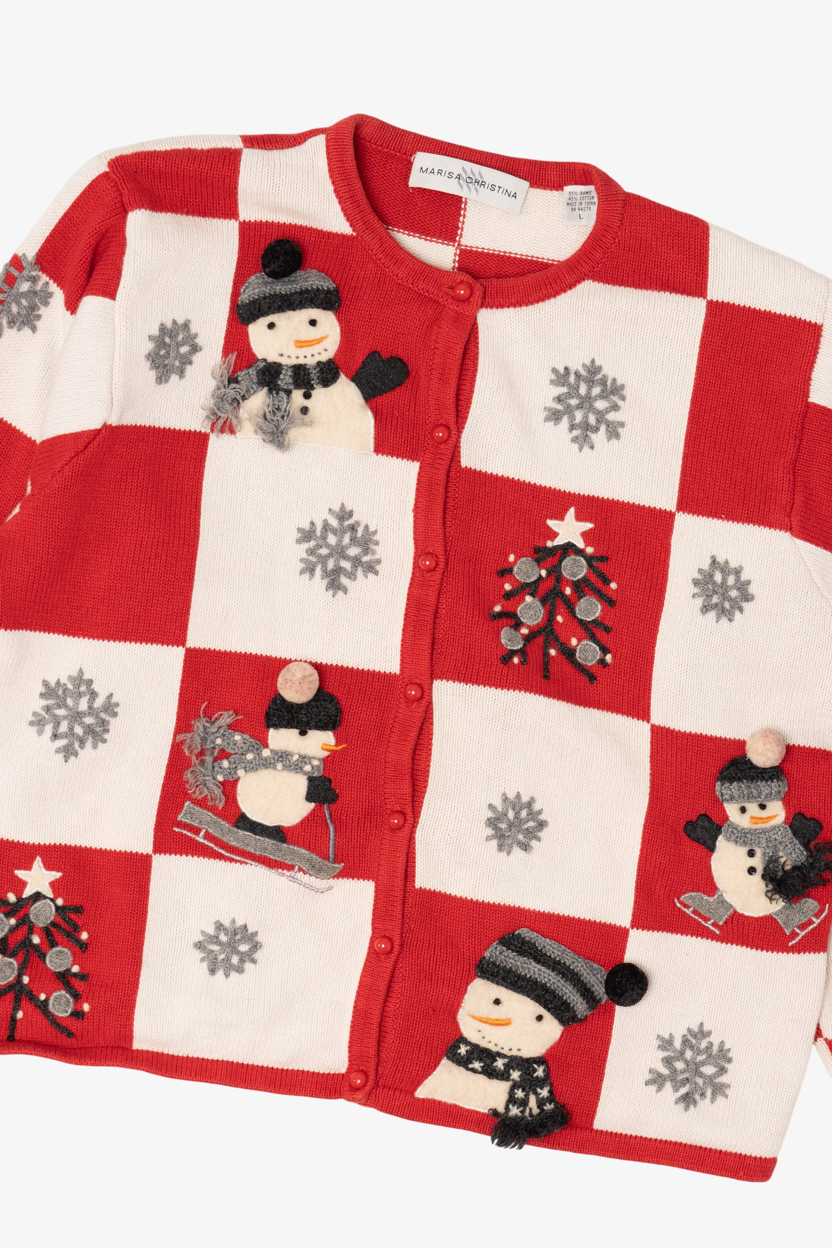 Vintage Red Checkered Marisa Christina Snowmen Ugly Christmas Cardigan (1990s)