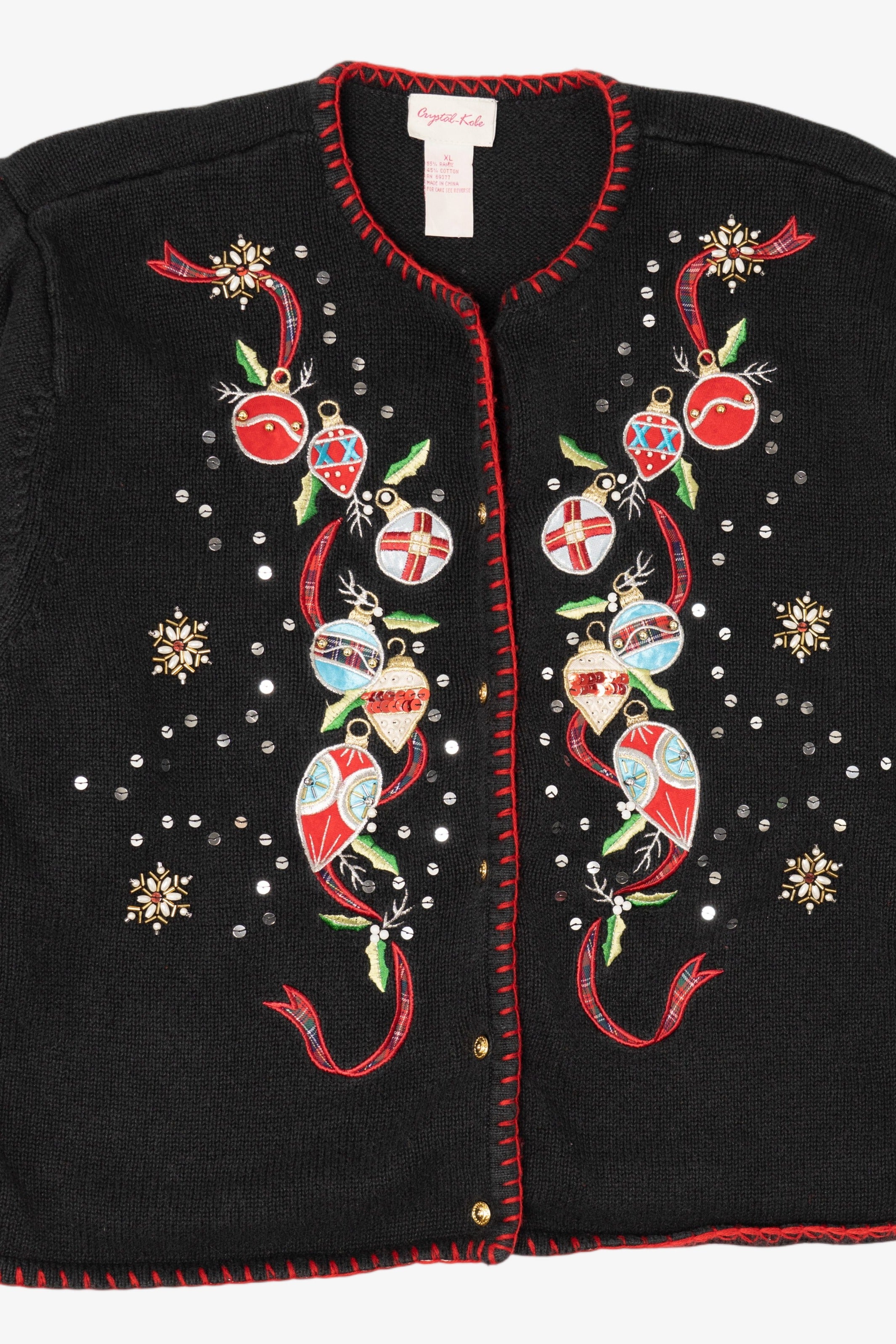 Vintage Black Crystal Kobe Ornaments Ugly Christmas Cardigan (1990s)