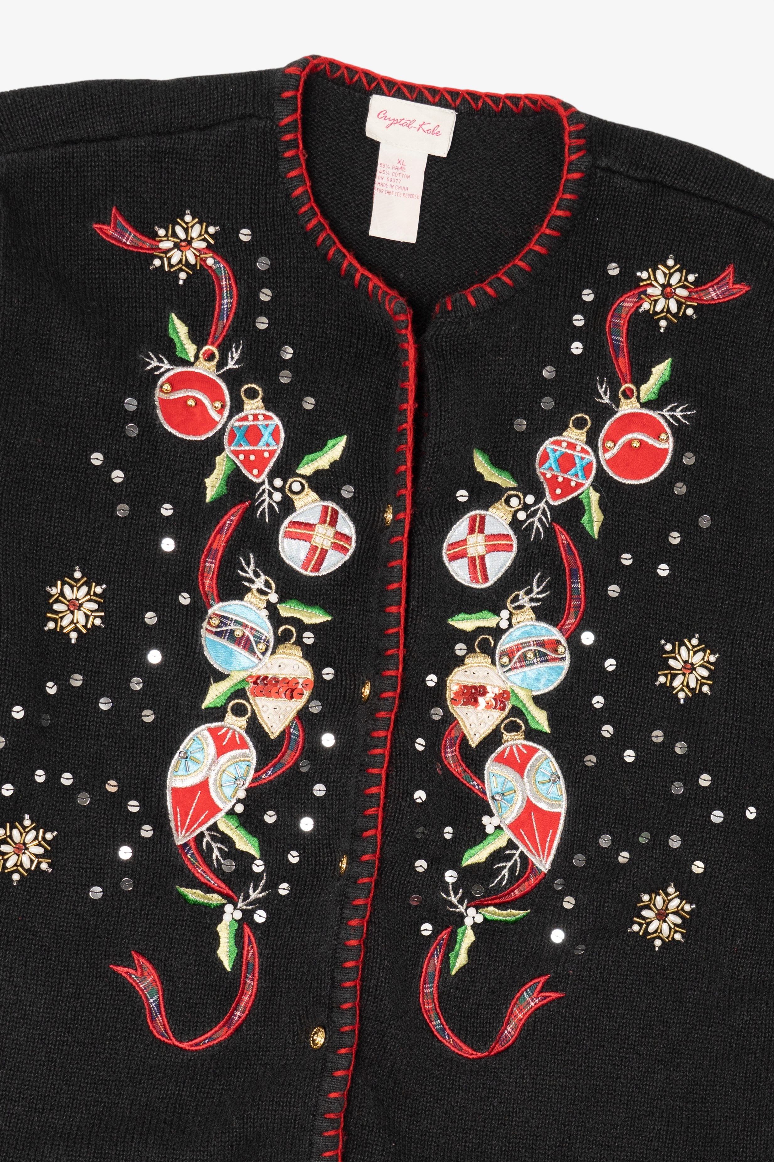 Vintage Black Crystal Kobe Ornaments Ugly Christmas Cardigan (1990s)