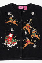 Kids Vintage Black Airport Girls Santa On Sleigh Ugly Christmas Cardigan (1990s)