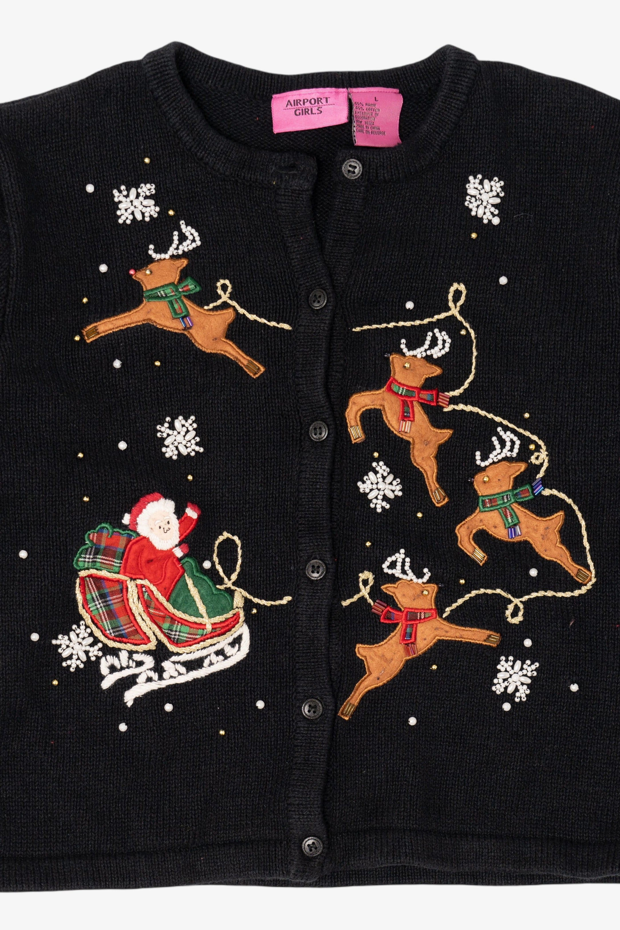 Kids Vintage Black Airport Girls Santa On Sleigh Ugly Christmas Cardigan (1990s)