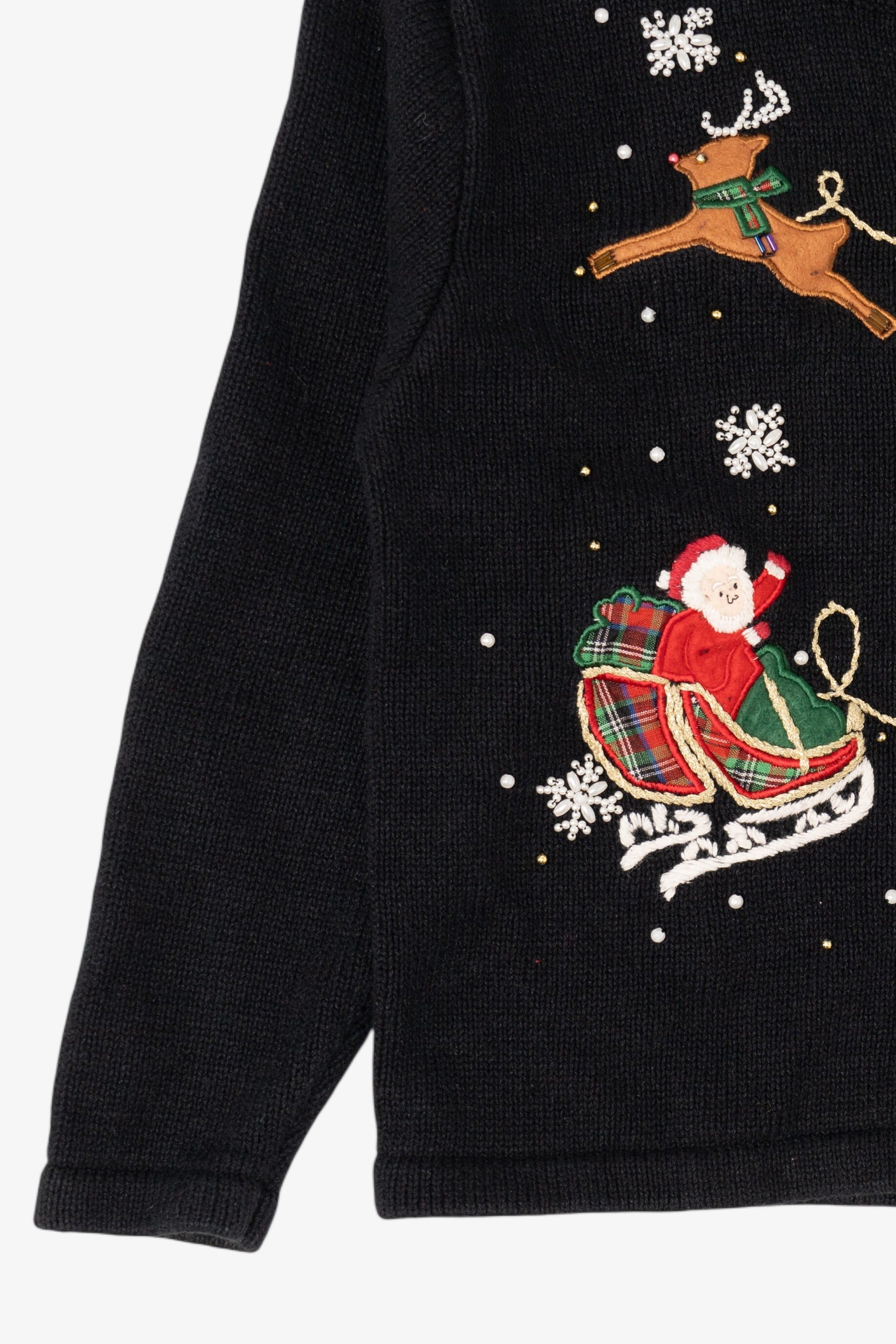 Kids Vintage Black Airport Girls Santa On Sleigh Ugly Christmas Cardigan (1990s)