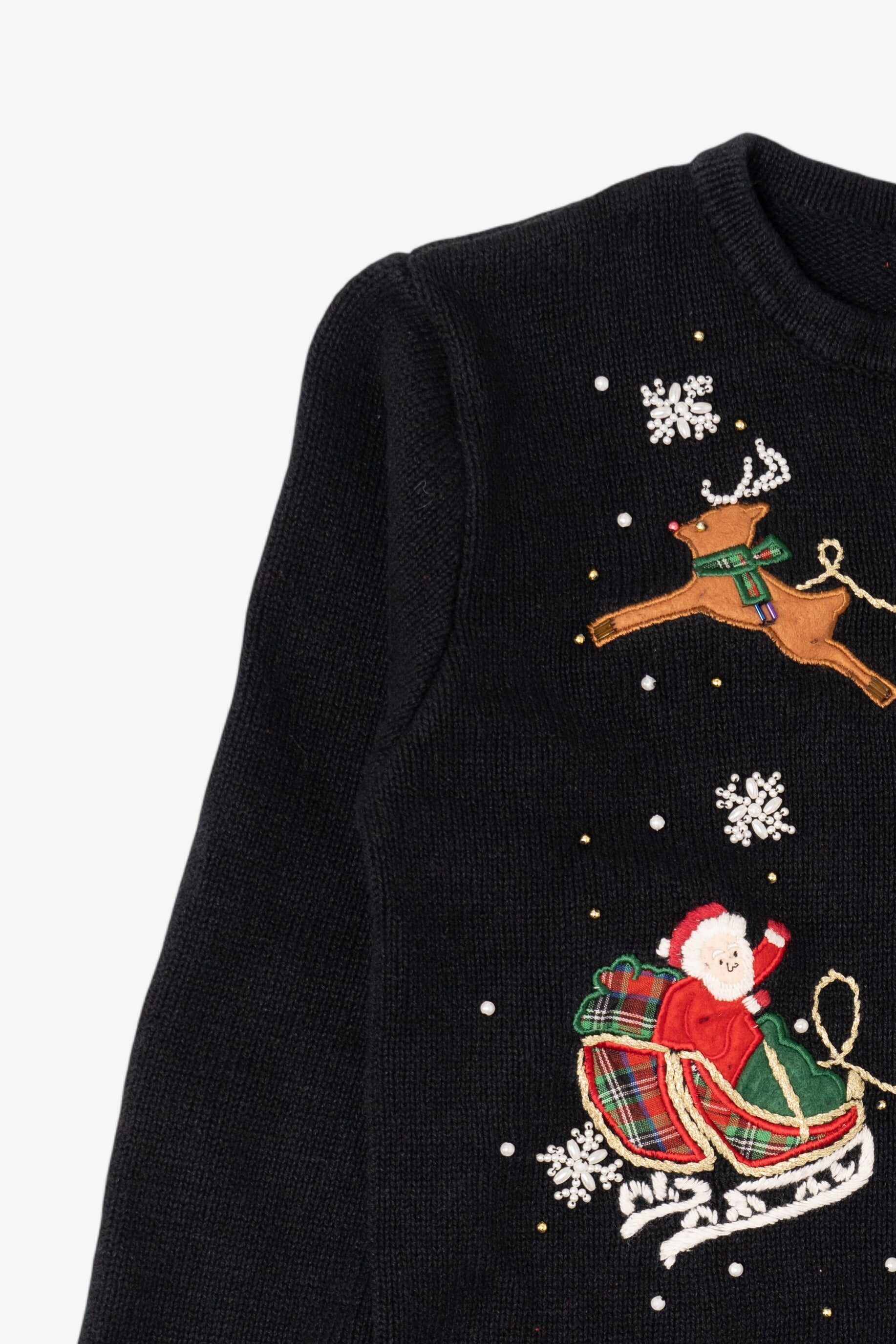 Kids Vintage Black Airport Girls Santa On Sleigh Ugly Christmas Cardigan (1990s)