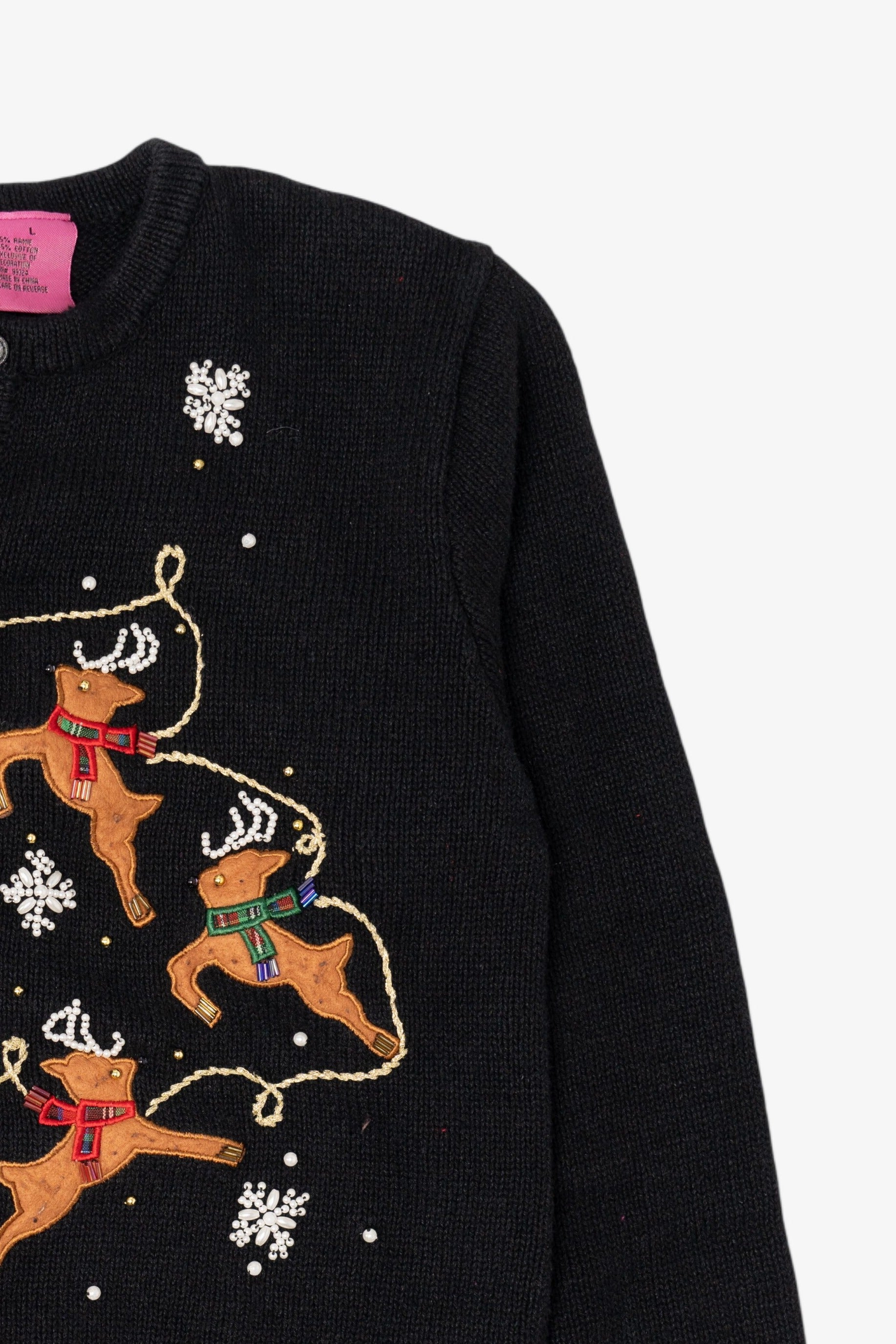 Kids Vintage Black Airport Girls Santa On Sleigh Ugly Christmas Cardigan (1990s)