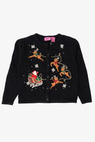 Kids Vintage Black Airport Girls Santa On Sleigh Ugly Christmas Cardigan (1990s)