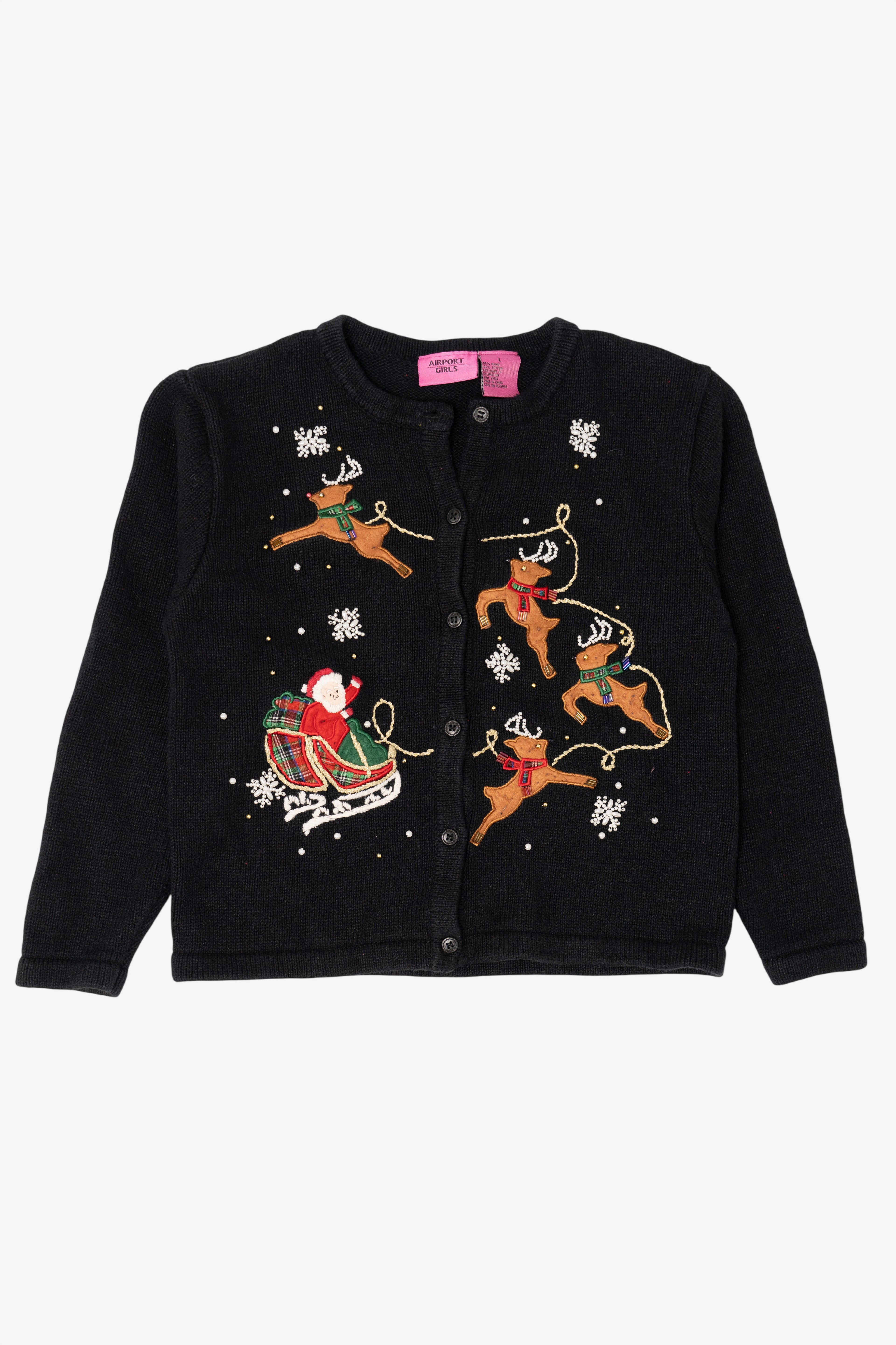Kids Vintage Black Airport Girls Santa On Sleigh Ugly Christmas Cardigan (1990s)
