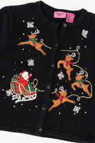 Kids Vintage Black Airport Girls Santa On Sleigh Ugly Christmas Cardigan (1990s)