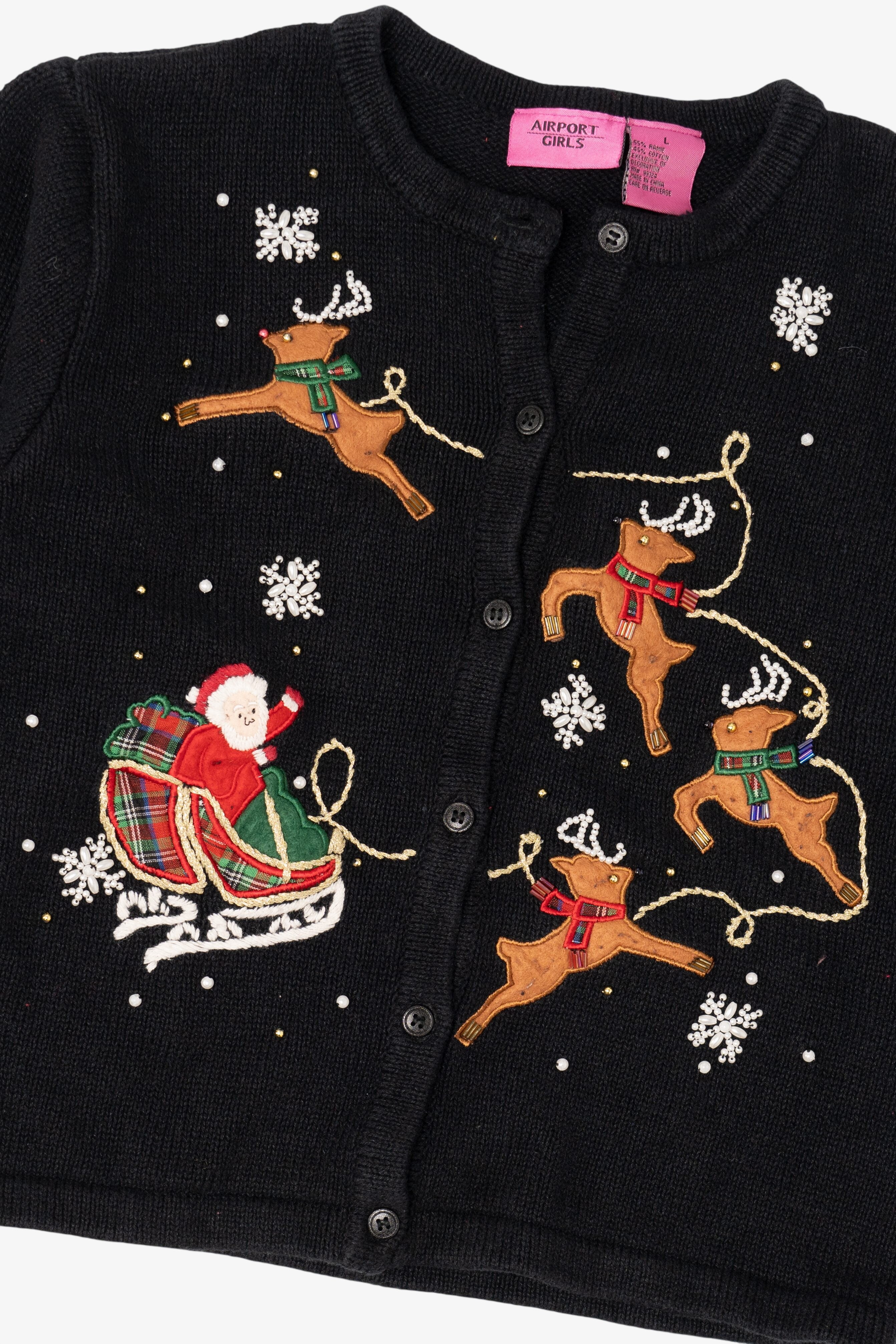 Kids Vintage Black Airport Girls Santa On Sleigh Ugly Christmas Cardigan (1990s)