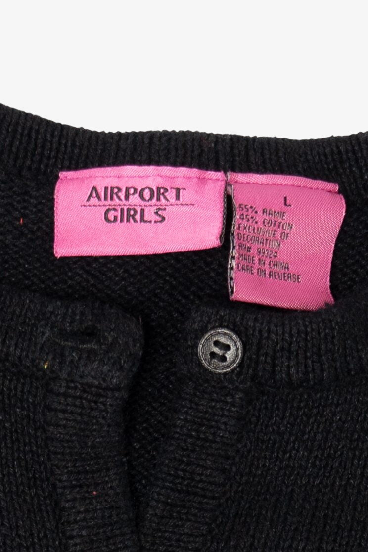 Kids Vintage Black Airport Girls Santa On Sleigh Ugly Christmas Cardigan (1990s)