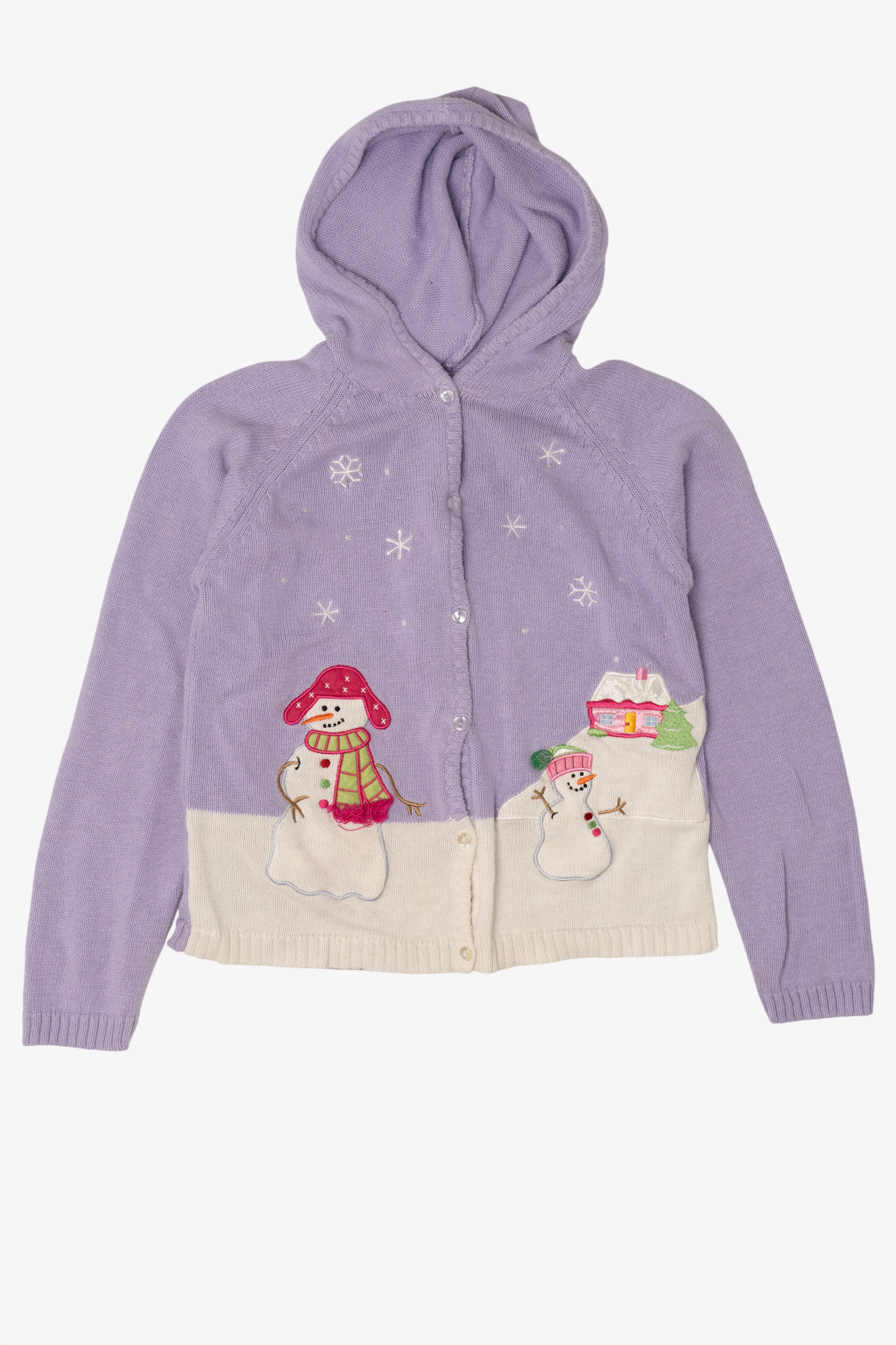 Vintage Kids Lavender Snowmen Hooded Ugly Christmas Cardigan (2000s)