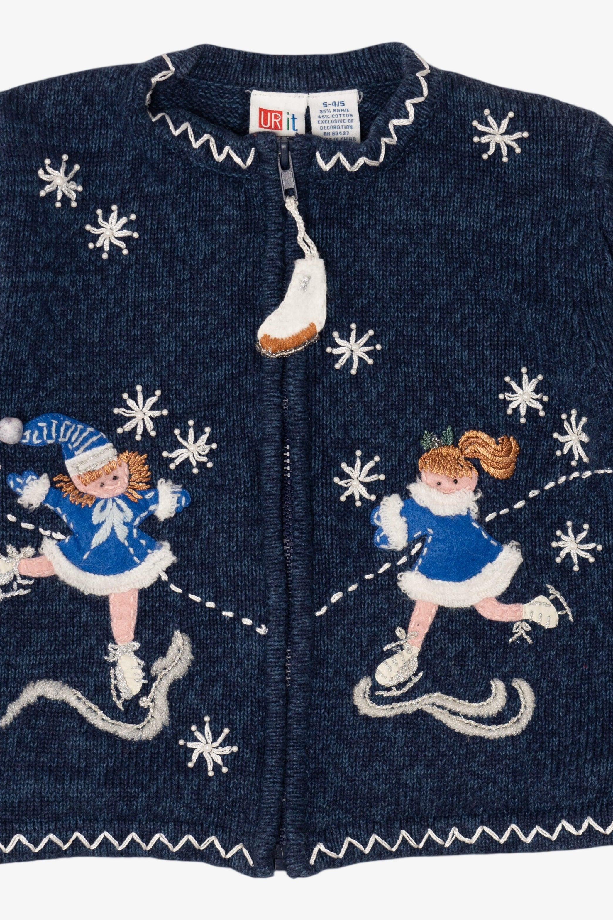 Vintage Kids Blue Girls Ice Skating Ugly Christmas Cardigan (1990s)