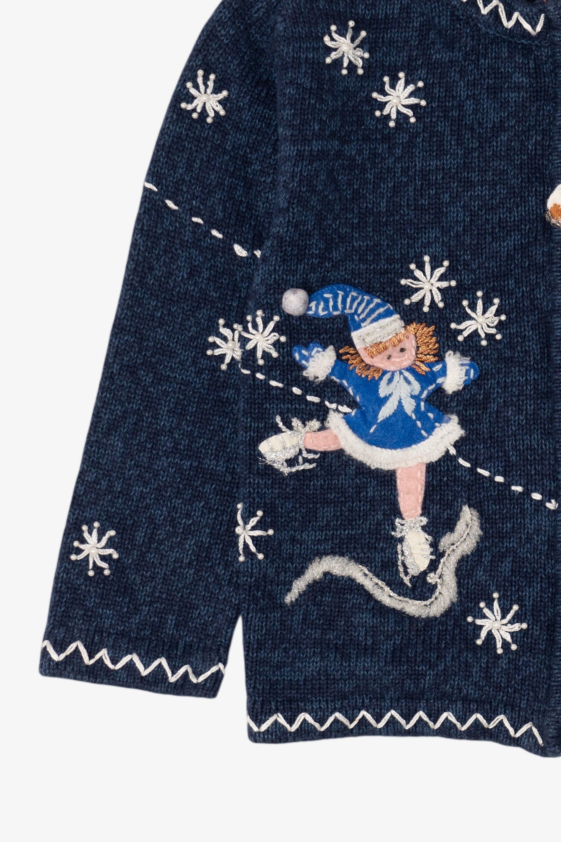 Vintage Kids Blue Girls Ice Skating Ugly Christmas Cardigan (1990s)