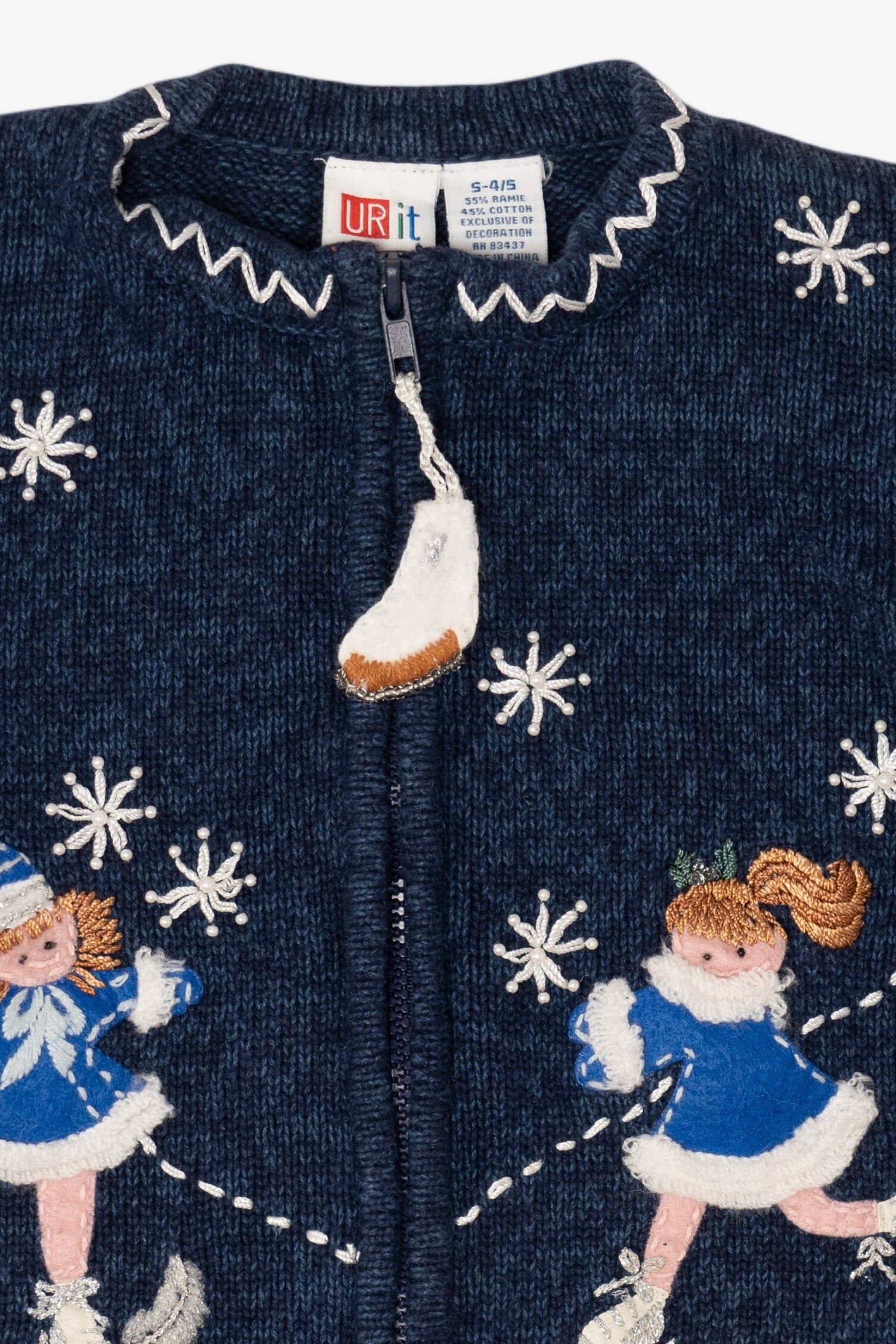 Vintage Kids Blue Girls Ice Skating Ugly Christmas Cardigan (1990s)