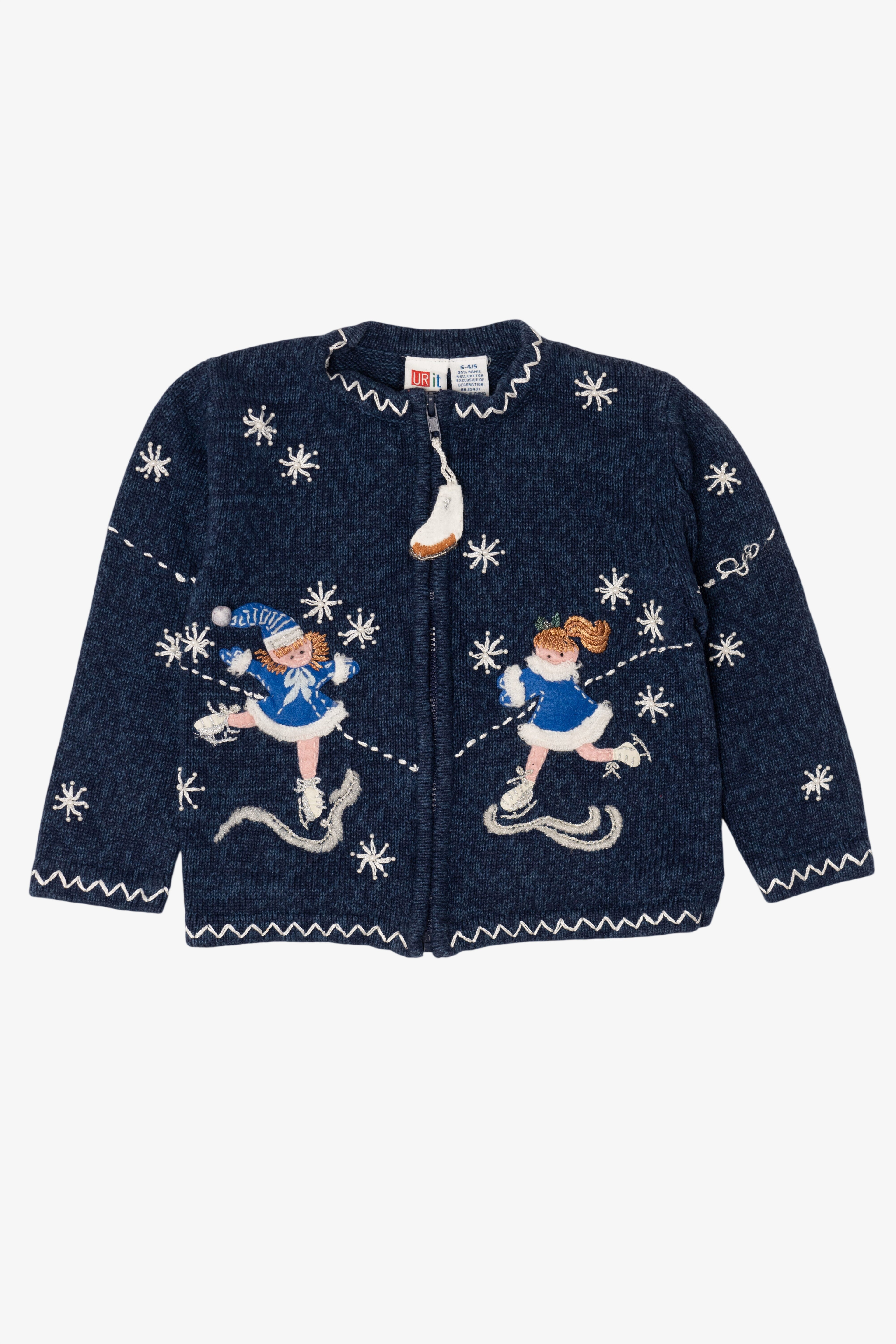 Vintage Kids Blue Girls Ice Skating Ugly Christmas Cardigan (1990s)