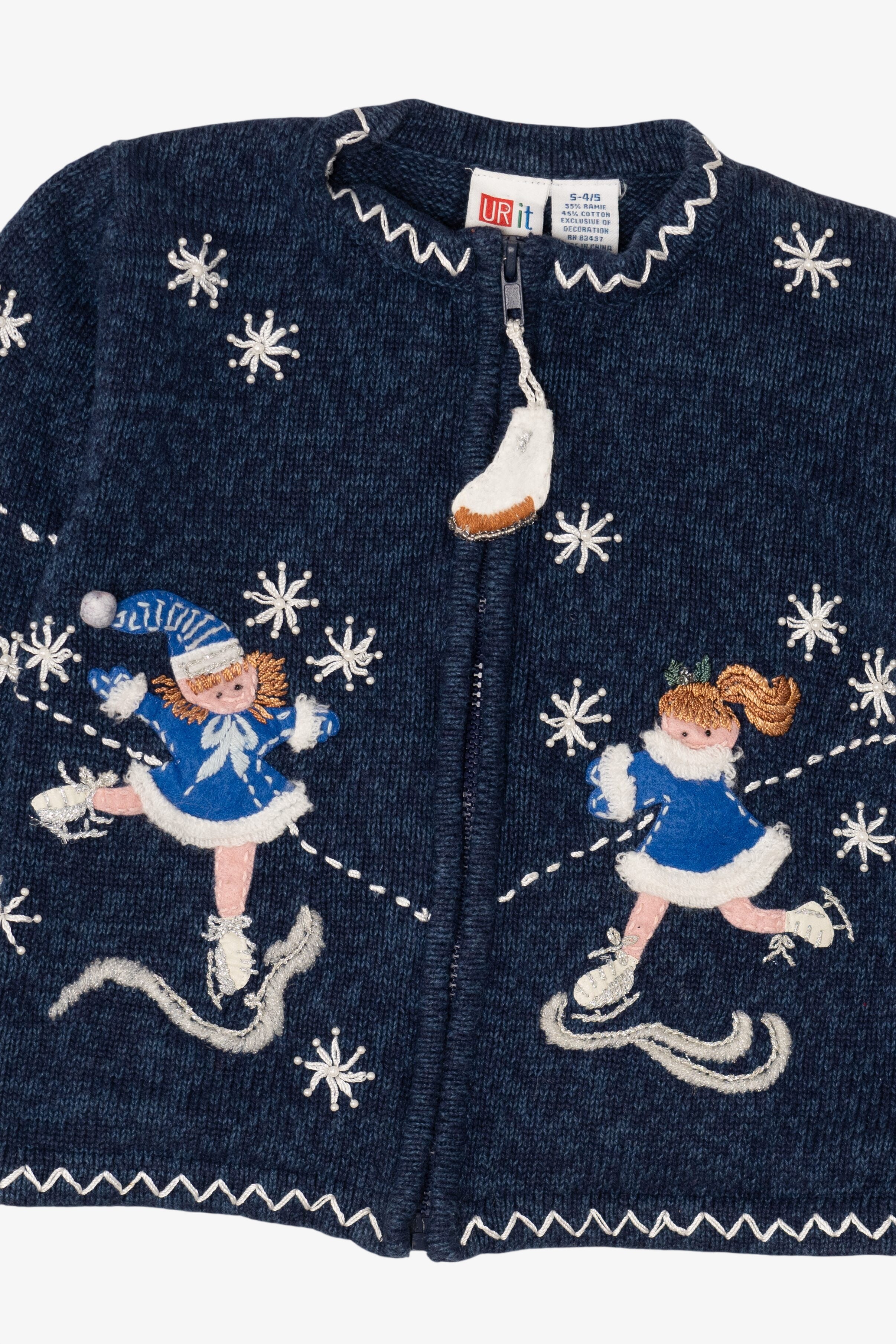 Vintage Kids Blue Girls Ice Skating Ugly Christmas Cardigan (1990s)
