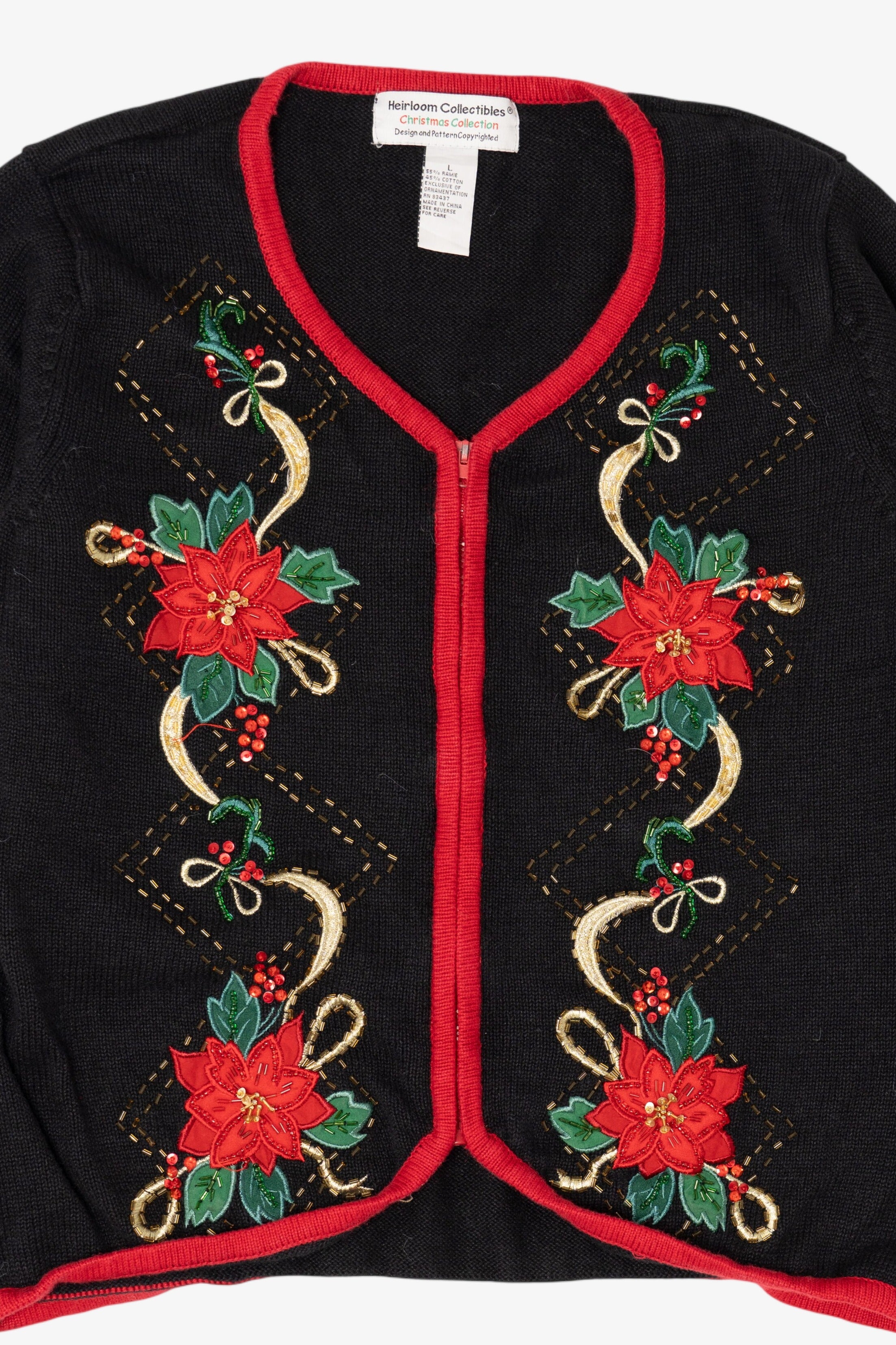 Vintage Black Heirloom Collectible Poinsettias Ugly Christmas Cardigan (2000s)