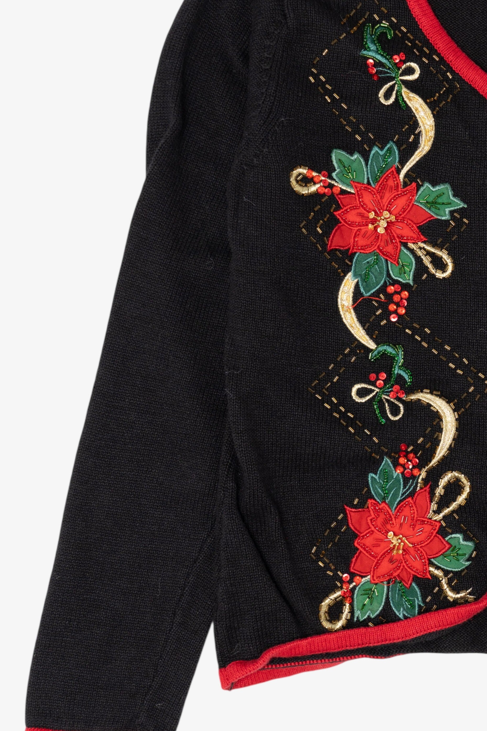 Vintage Black Heirloom Collectible Poinsettias Ugly Christmas Cardigan (2000s)