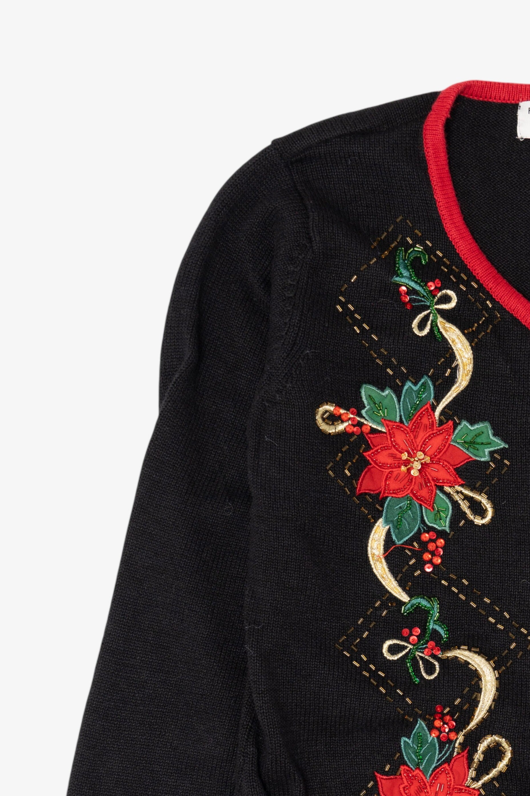 Vintage Black Heirloom Collectible Poinsettias Ugly Christmas Cardigan (2000s)