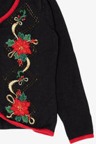 Vintage Black Heirloom Collectible Poinsettias Ugly Christmas Cardigan (2000s)