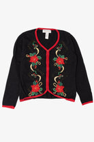 Vintage Black Heirloom Collectible Poinsettias Ugly Christmas Cardigan (2000s)