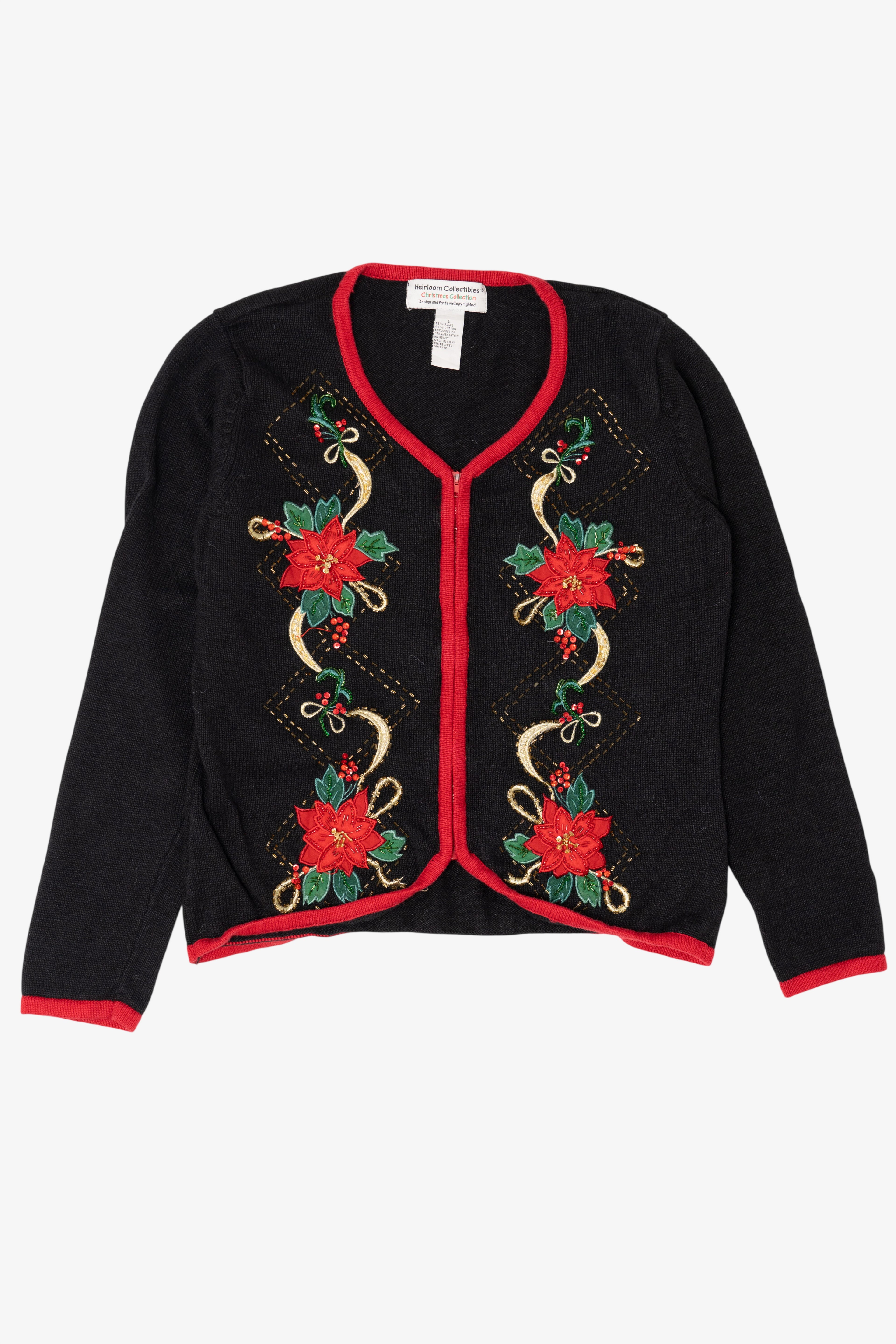 Vintage Black Heirloom Collectible Poinsettias Ugly Christmas Cardigan (2000s)
