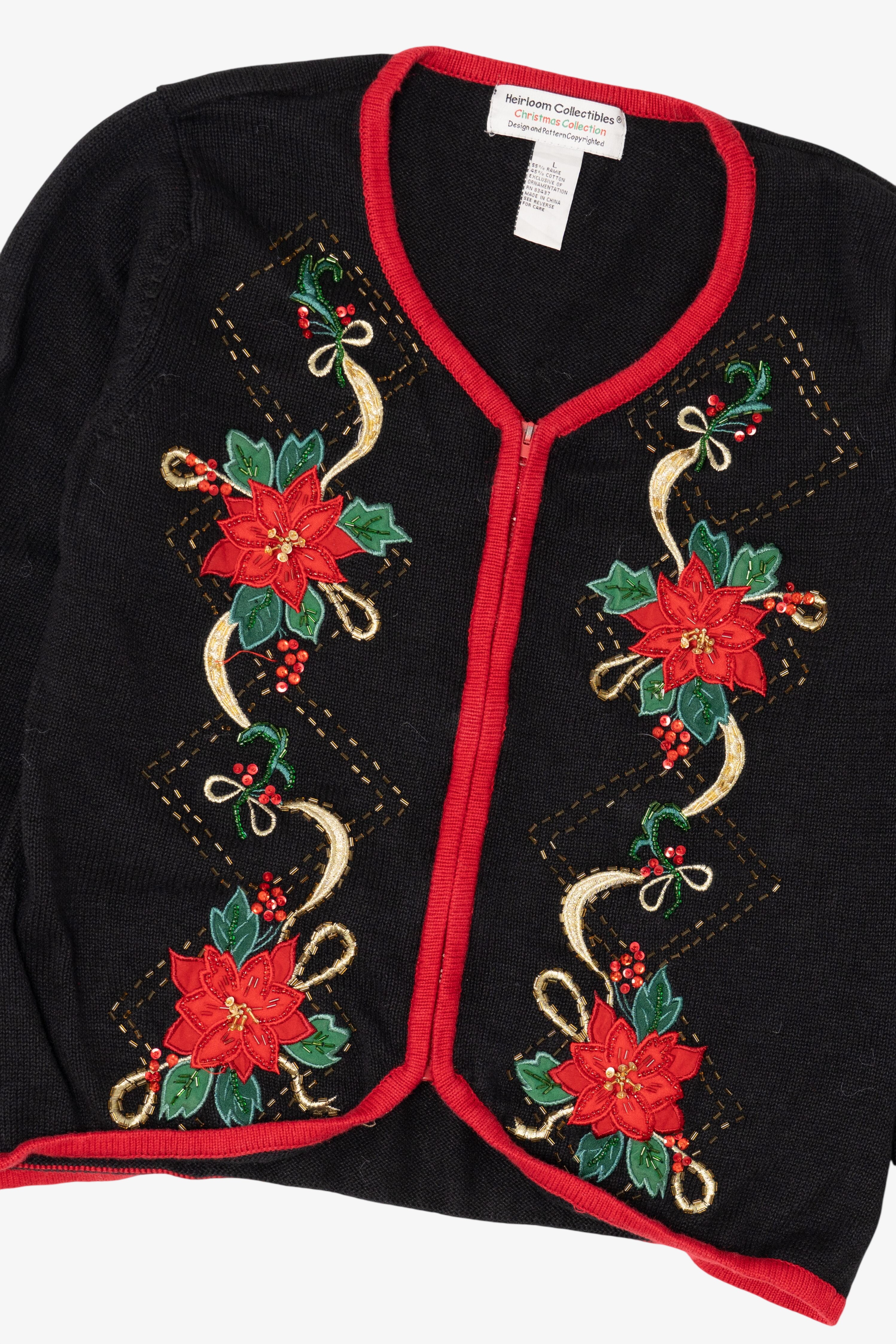Vintage Black Heirloom Collectible Poinsettias Ugly Christmas Cardigan (2000s)