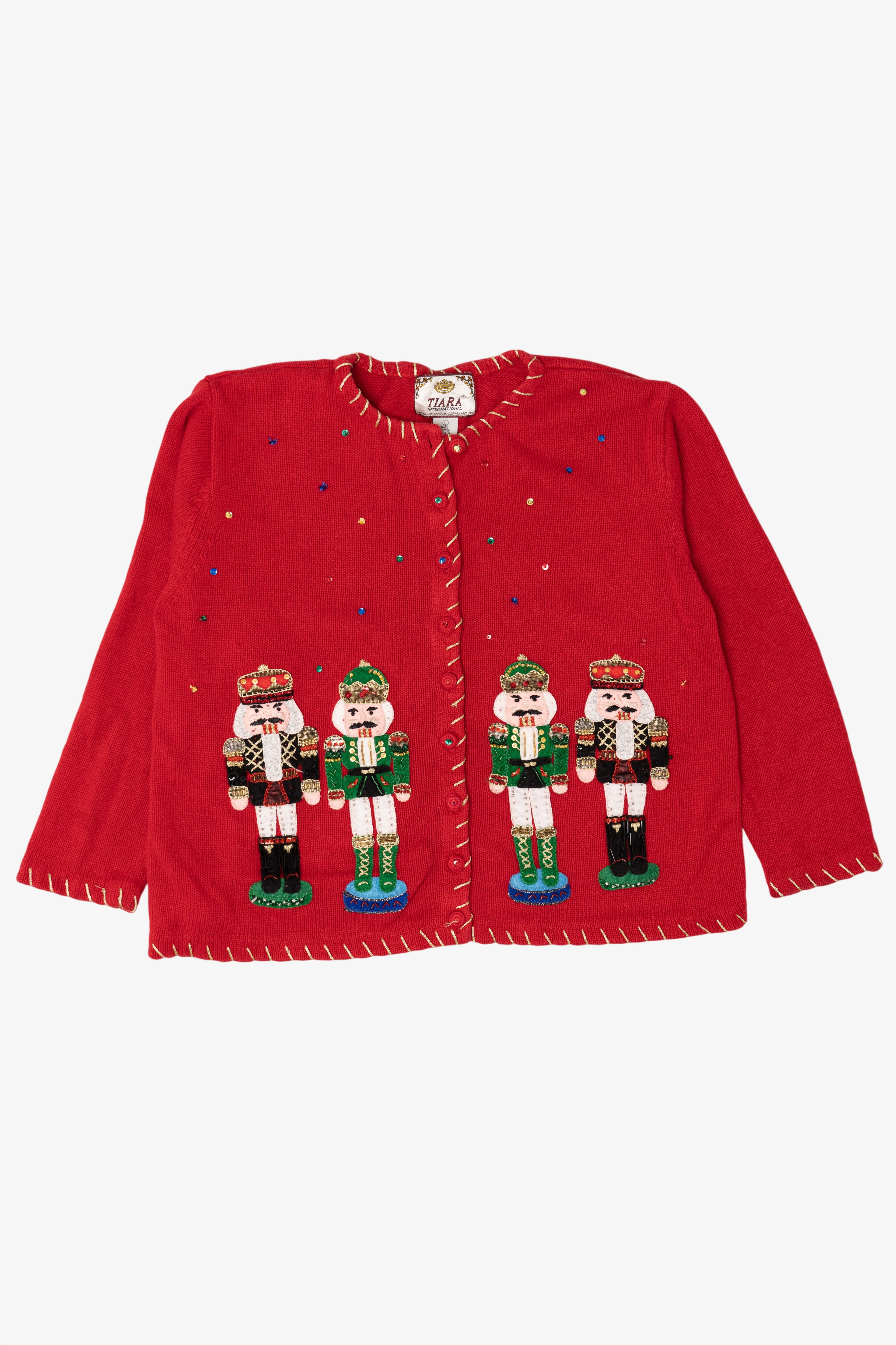 Vintage Red Tiara Nutcrackers Ugly Christmas Cardigan (2000s)
