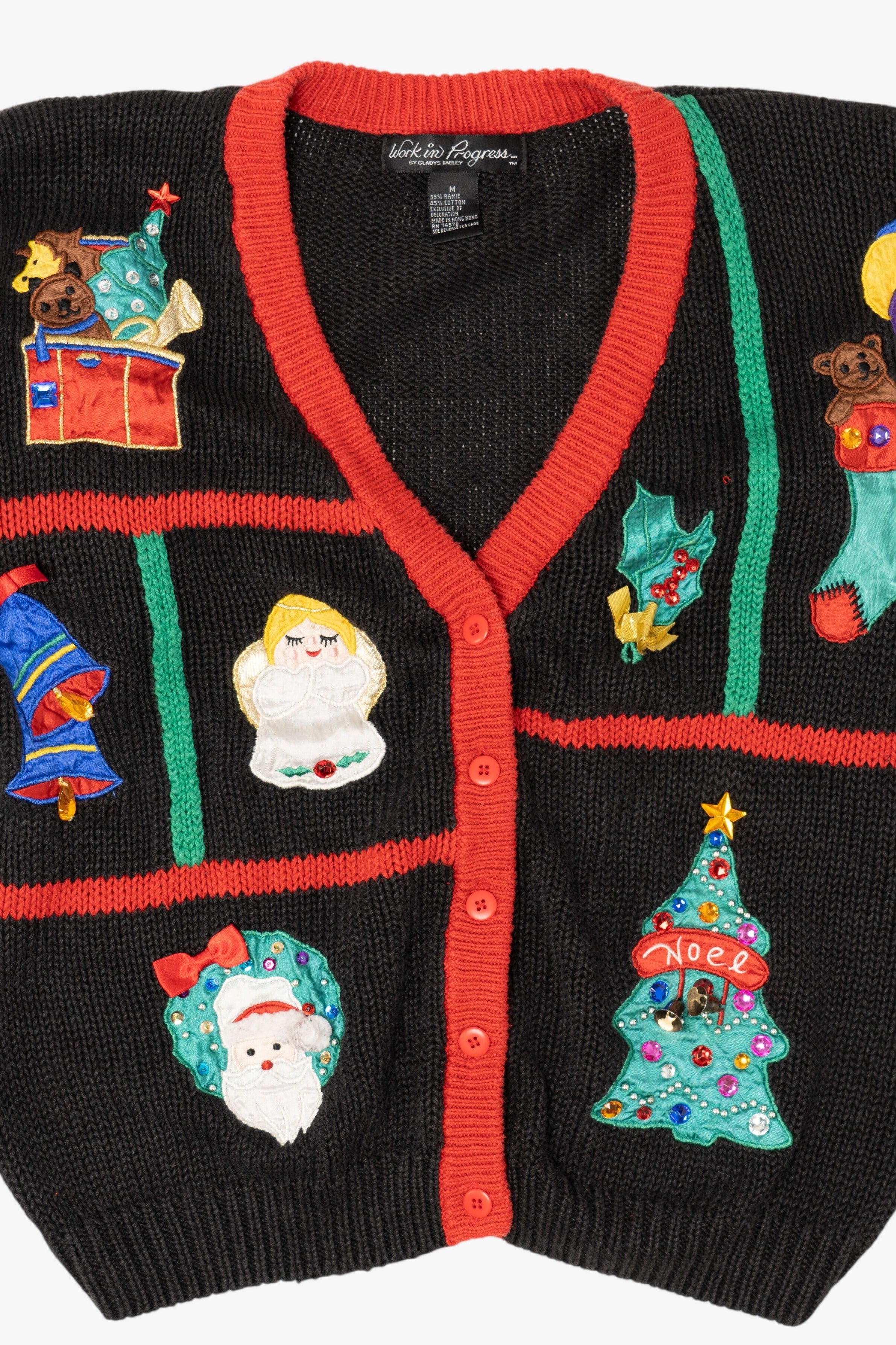 Vintage Black Work in Porgress Ugly Christmas Cardigan (1990s)