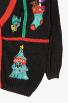 Vintage Black Work in Porgress Ugly Christmas Cardigan (1990s)