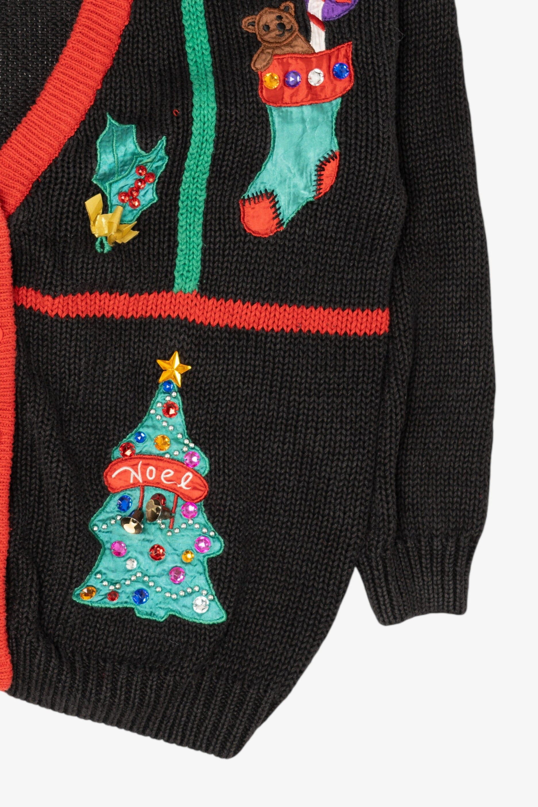 Vintage Black Work in Porgress Ugly Christmas Cardigan (1990s)