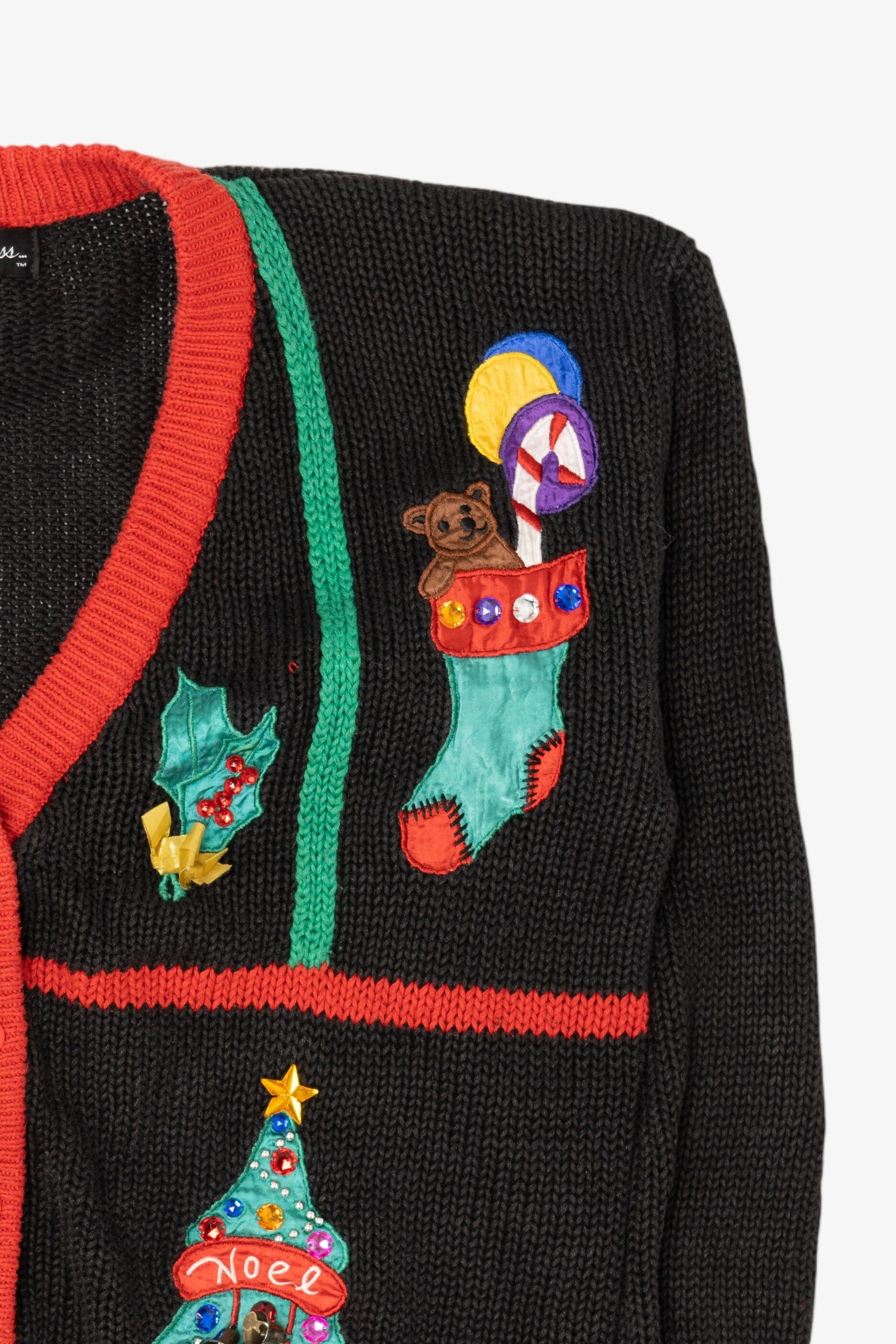Vintage Black Work in Porgress Ugly Christmas Cardigan (1990s)