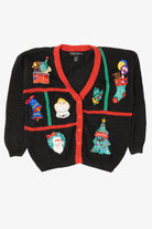 Vintage Black Work in Porgress Ugly Christmas Cardigan (1990s)