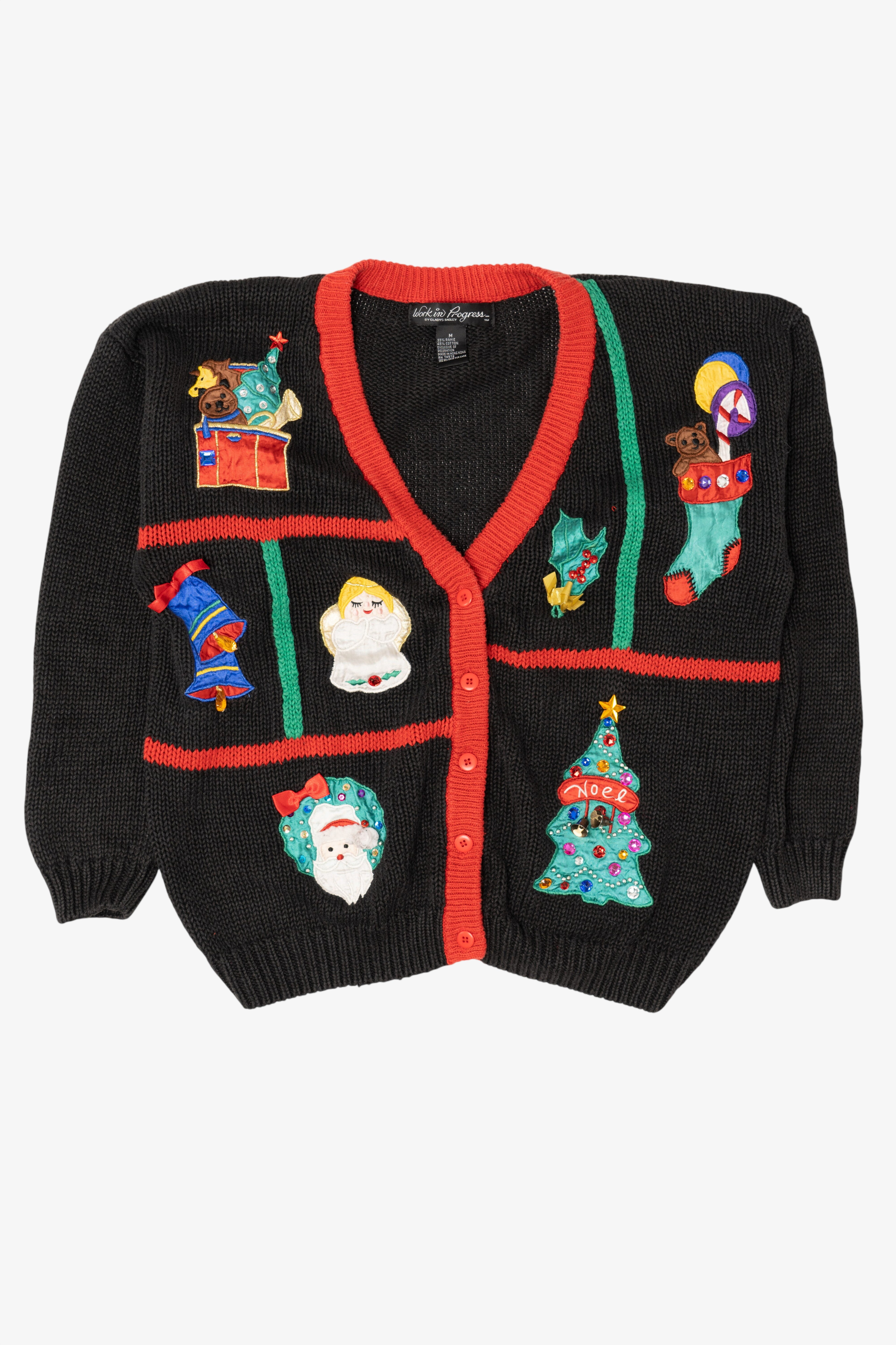 Vintage Black Work in Porgress Ugly Christmas Cardigan (1990s)