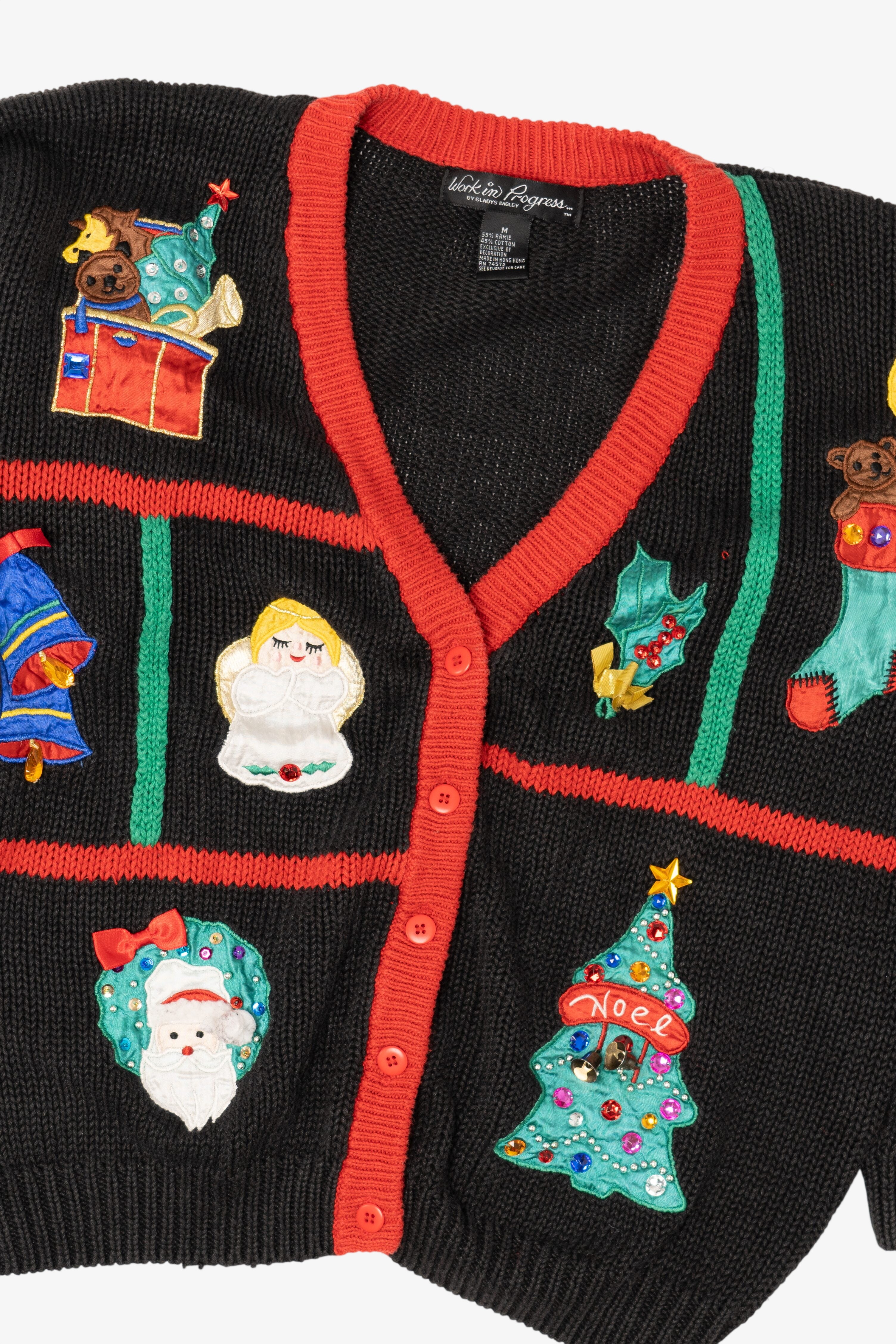 Vintage Black Work in Porgress Ugly Christmas Cardigan (1990s)