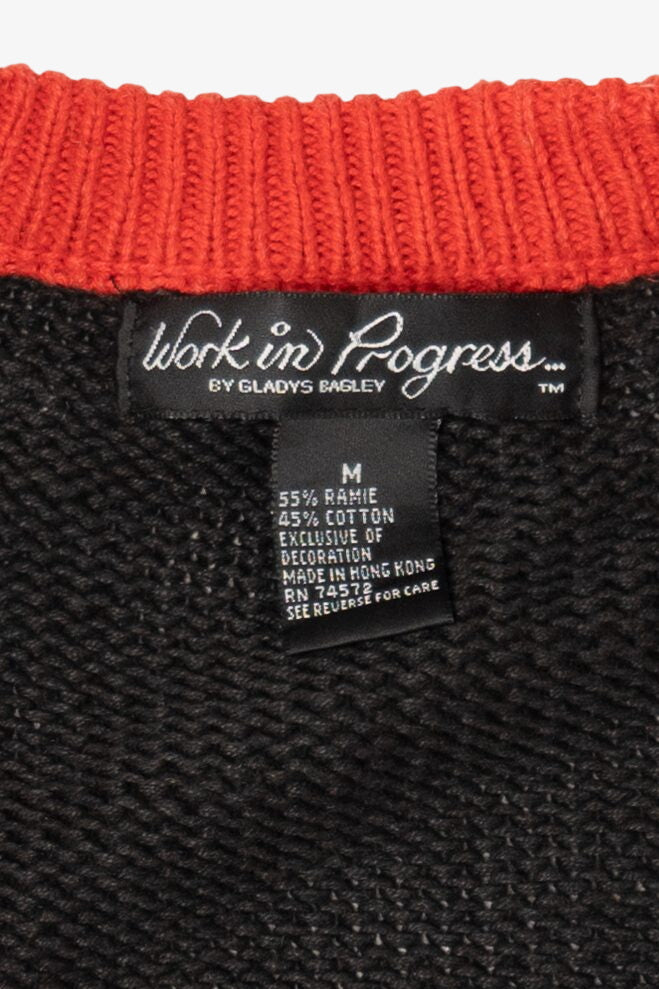 Vintage Black Work in Porgress Ugly Christmas Cardigan (1990s)