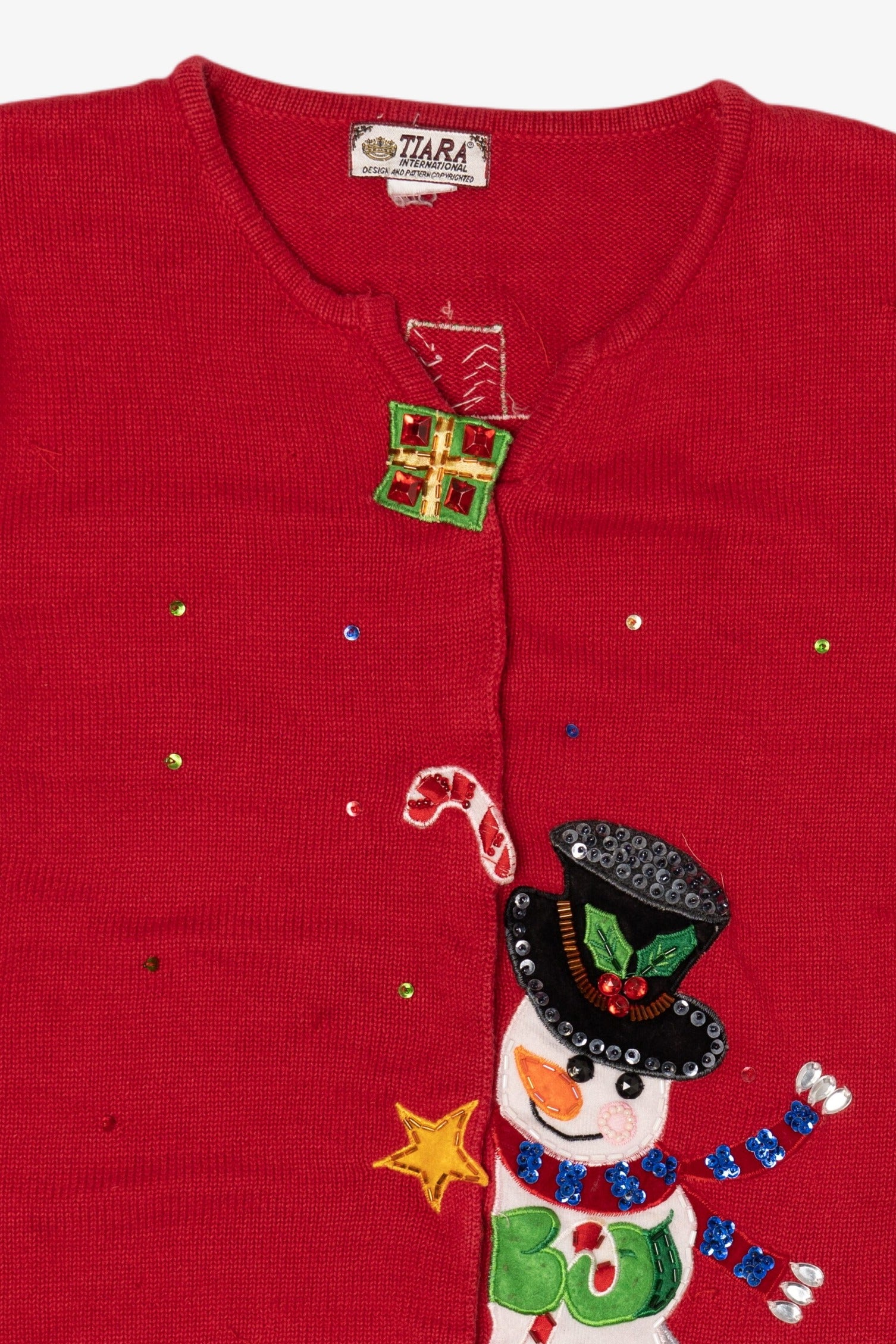 Vintage Red Tiara Snowmen Ugly Christmas Cardigan (2000s)