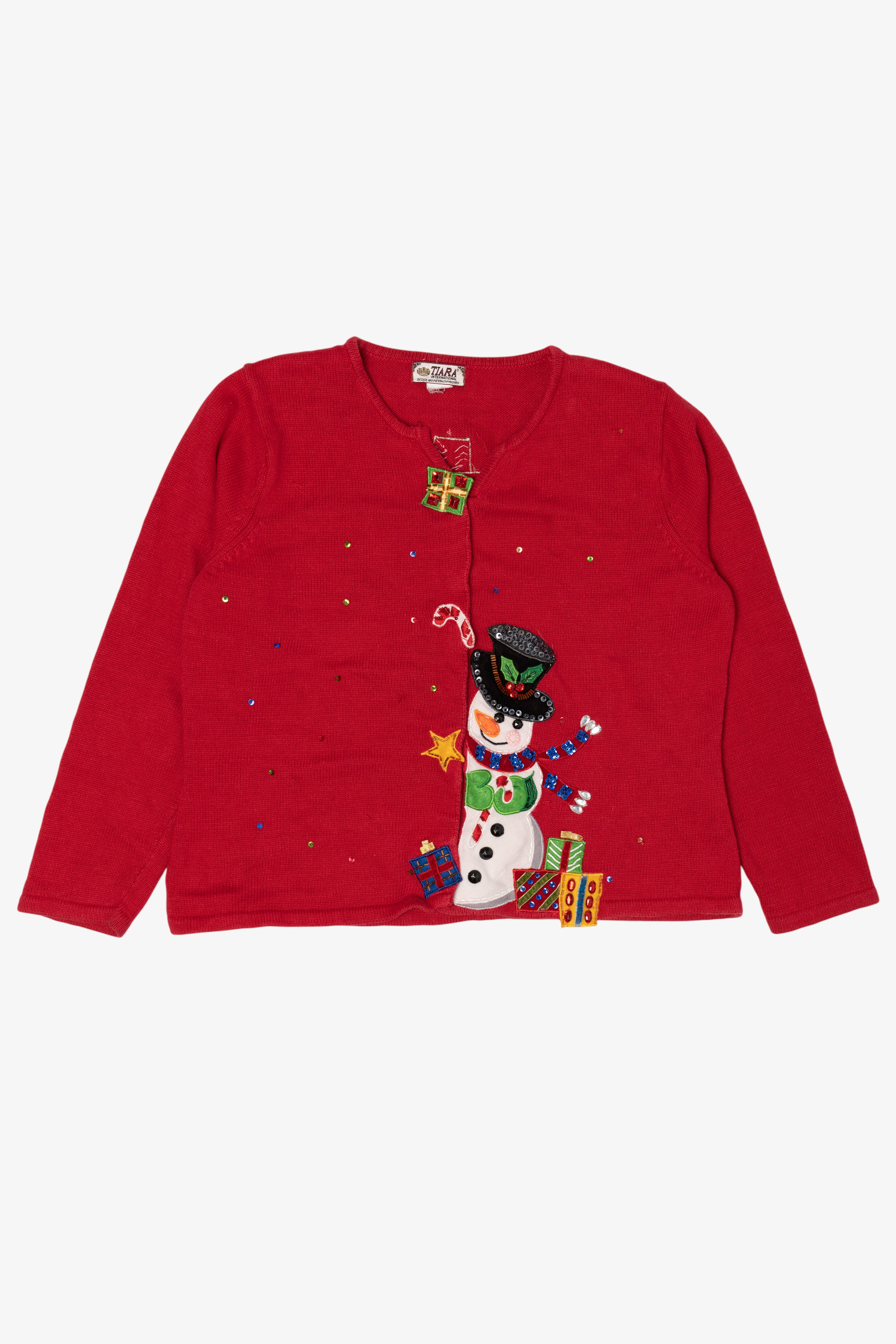 Vintage Red Tiara Snowmen Ugly Christmas Cardigan (2000s)