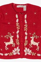 Vintage Red Victoria Jones Reindeer Ugly Christmas Cardigan (1990s)