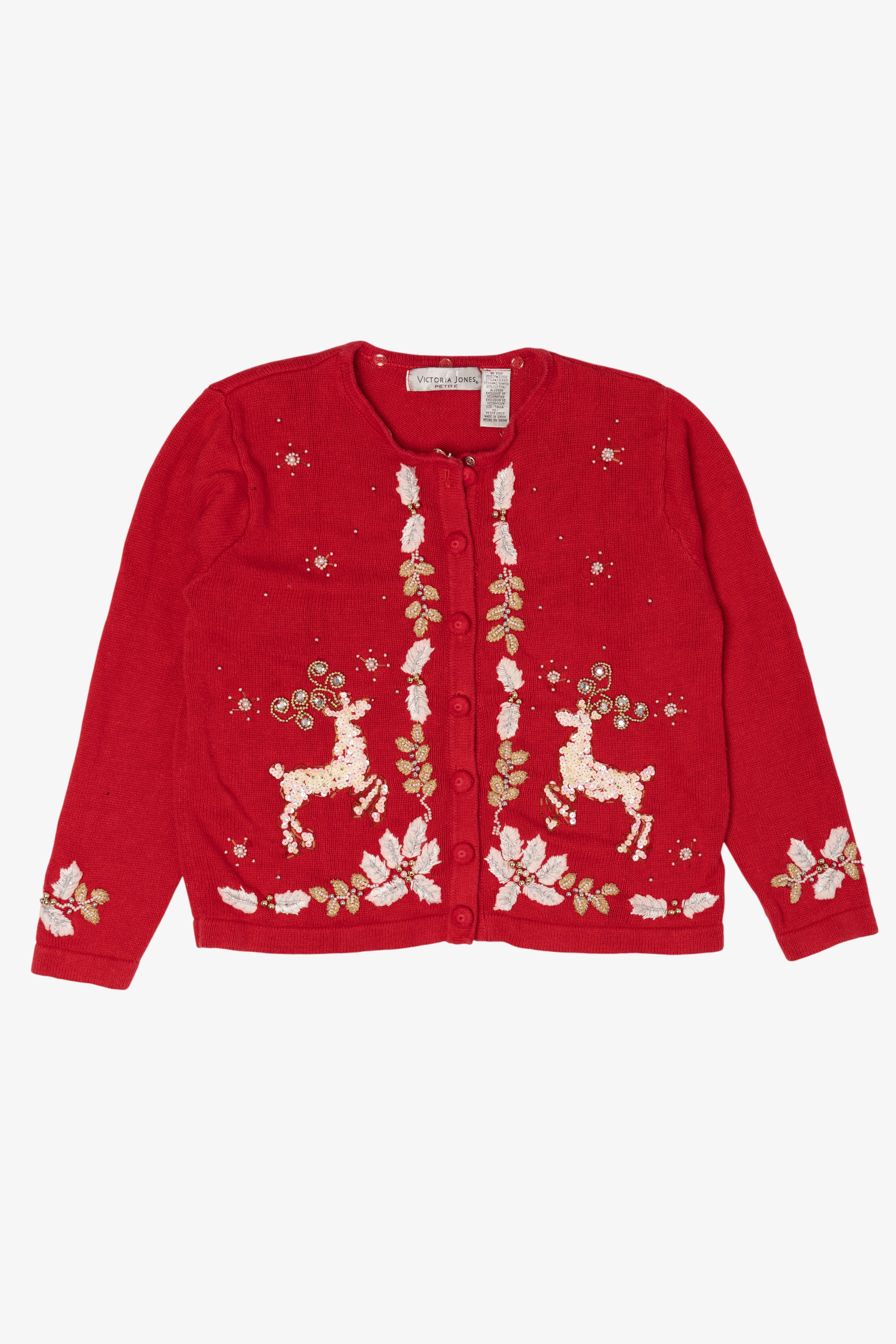 Vintage Red Victoria Jones Reindeer Ugly Christmas Cardigan (1990s)