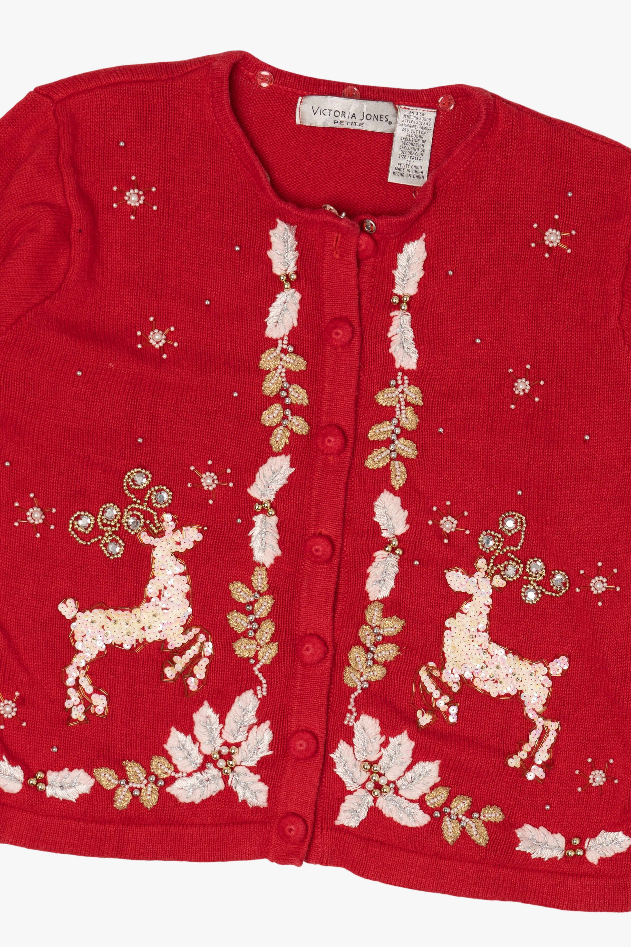 Vintage Red Victoria Jones Reindeer Ugly Christmas Cardigan (1990s)