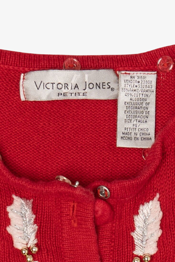 Vintage Red Victoria Jones Reindeer Ugly Christmas Cardigan (1990s)