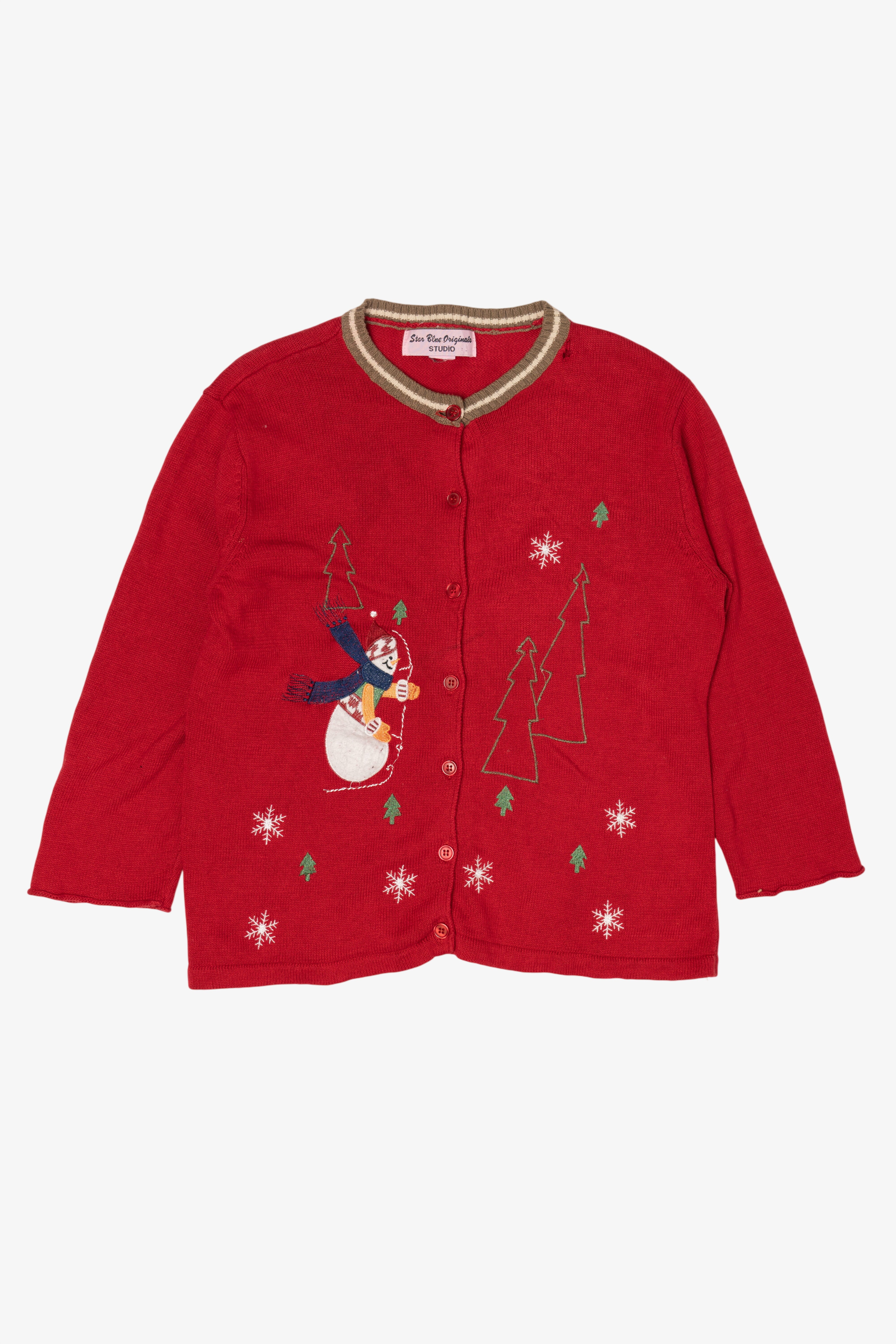 Vintage Red Star Blue Originale Snowmen Ugly Christmas Cardigan (1990s)