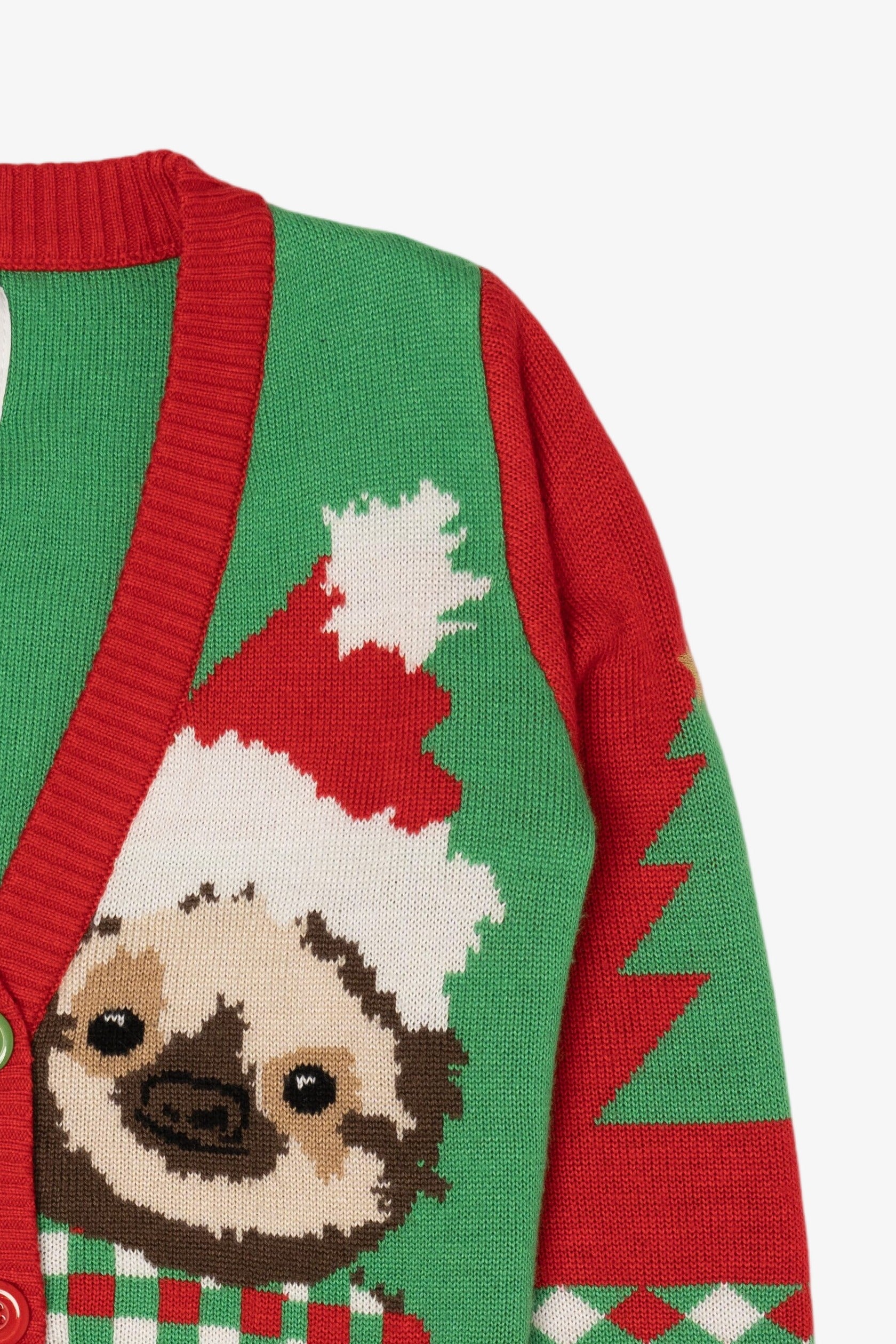 Green Santa Sloth Ugly Christmas Cardigan (2010s)