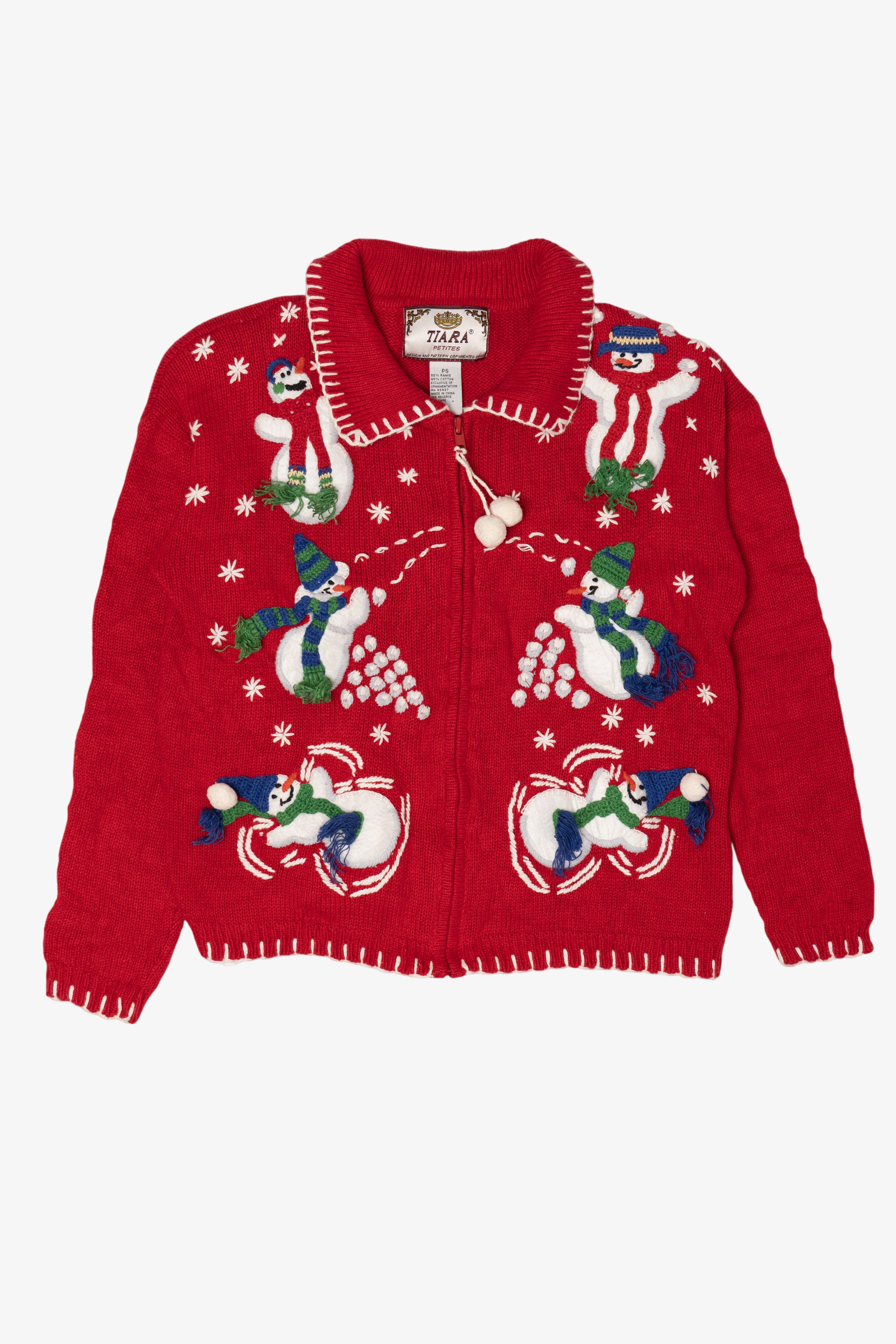 Vintage Red Tiara Snowmen Snowball Fight Ugly Christmas Cardigan (2000s)