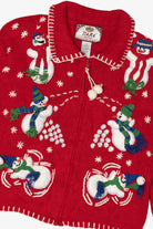 Vintage Red Tiara Snowmen Snowball Fight Ugly Christmas Cardigan (2000s)