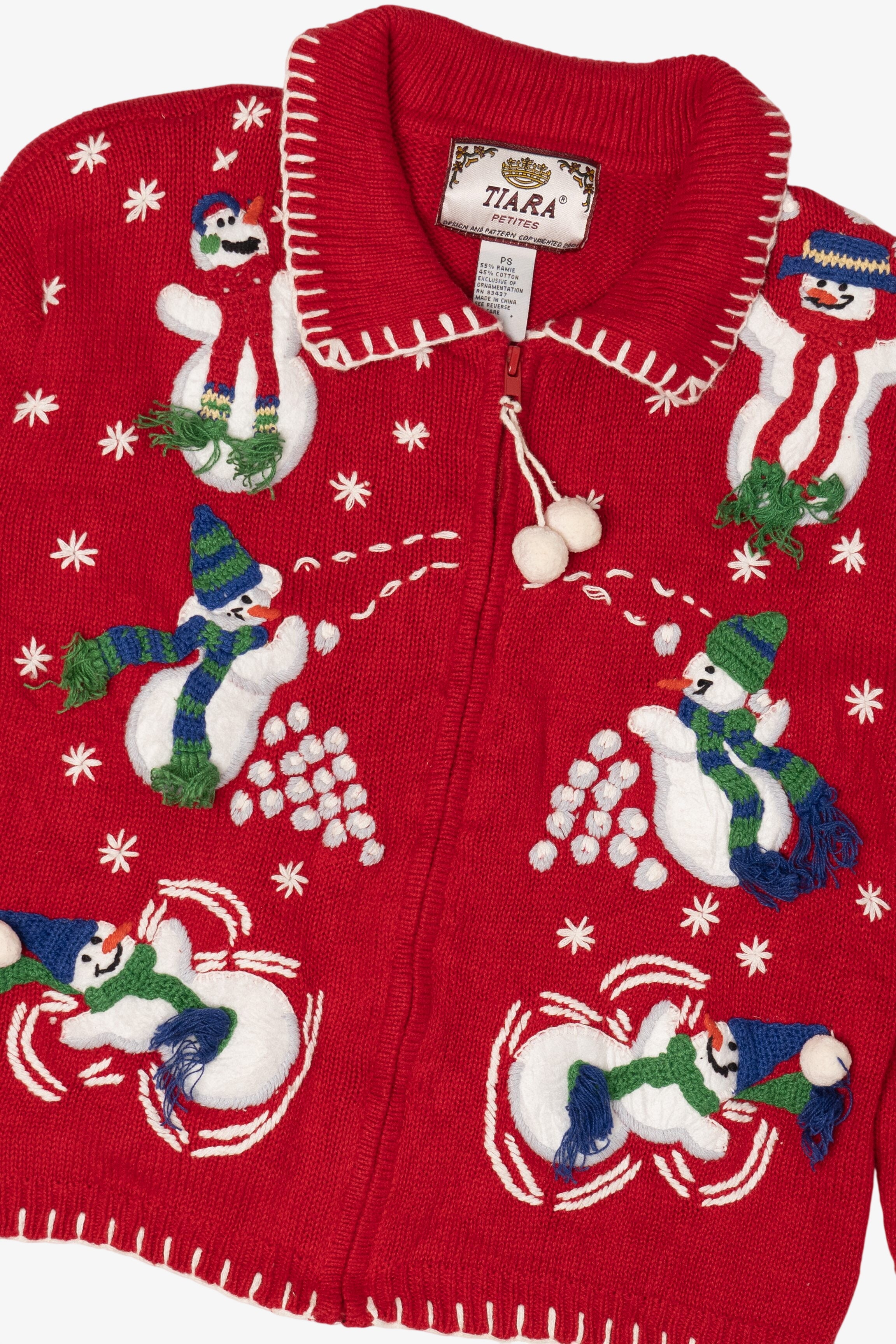 Vintage Red Tiara Snowmen Snowball Fight Ugly Christmas Cardigan (2000s)